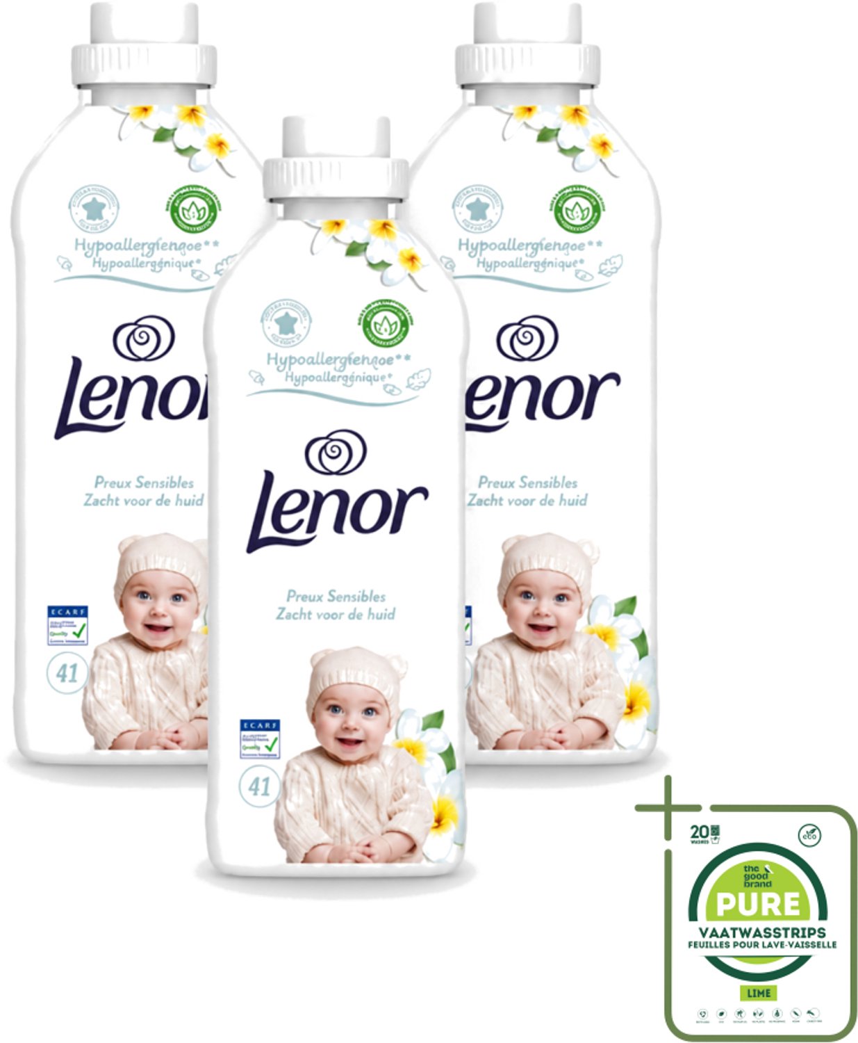 3 x Lenor - Wasverzachter - Gevoelig - Milde Geur - 41 Wasbeurten - Grootverpakking - Vaatwasstrips - Wasverzachter - Gevoelige Huid - Hypoallergenisch - Frisheid - Zachtheid