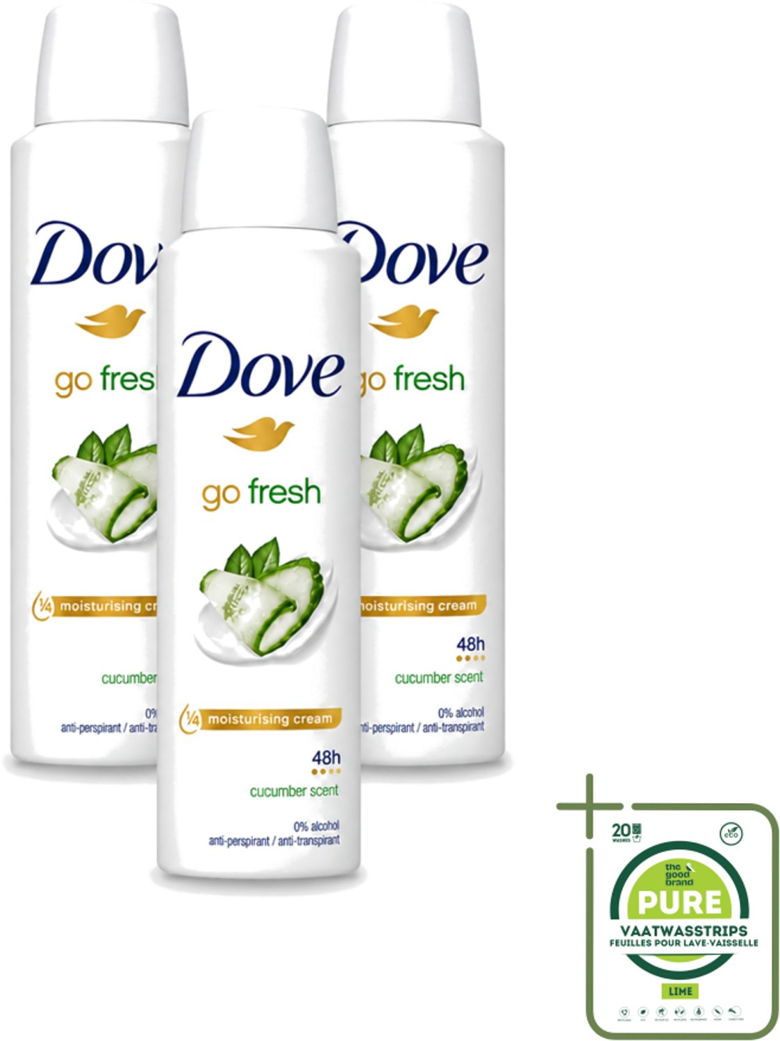 3 x Dove Go Fresh - Deospray - Komkommer - 150 ml - Grootverpakking - Vaatwasstrips - Dove Go Fresh Deospray - Komkommer - Geur - Deodorant - Transpiratie