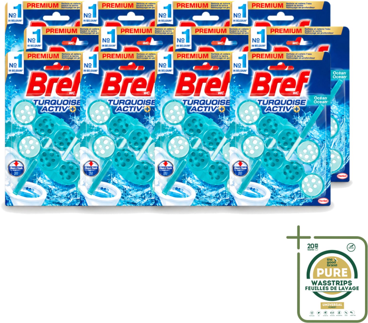 12 x Bref WC - Turquoise Activ+ - Toiletblok - Oceaan - 2 Blokken - Wasstrips - Toilet - Toiletblok - Oceaanfrisheid - Reiniging - Anti-kalk