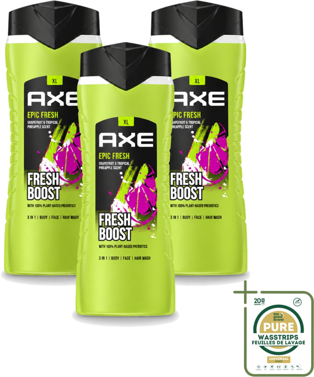 3 x AXE – Douchegel – Epic Fresh Fresh Boost 3-in-1 – 400 ml - Wasstrips - Douchegel - Frisheid - Lichaam - Gezicht - Haar
