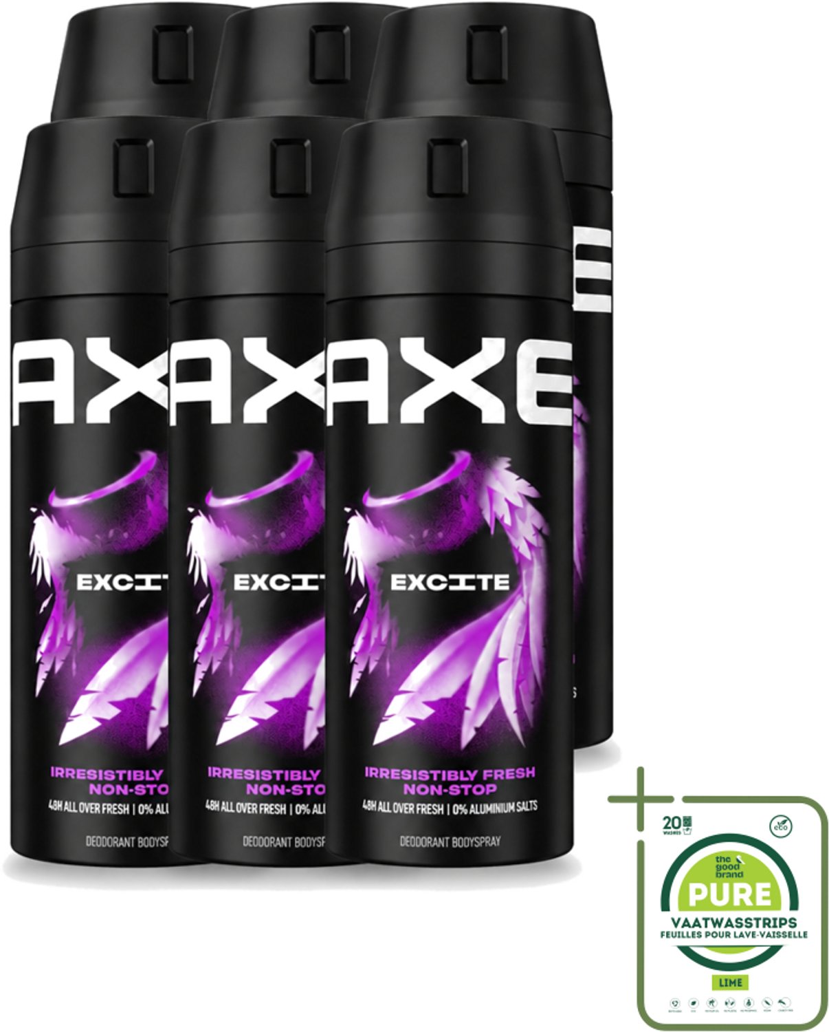 6 x Axe - Deodorant Bodyspray - 48hrs Fresh - Excite - Crisp Coconut & Black Pepper - 150 ml - Grootverpakking - Vaatwasstrips - Deodorant - Lichaamsgeur - Frisheid - Kokosnoot - Zwarte Peper