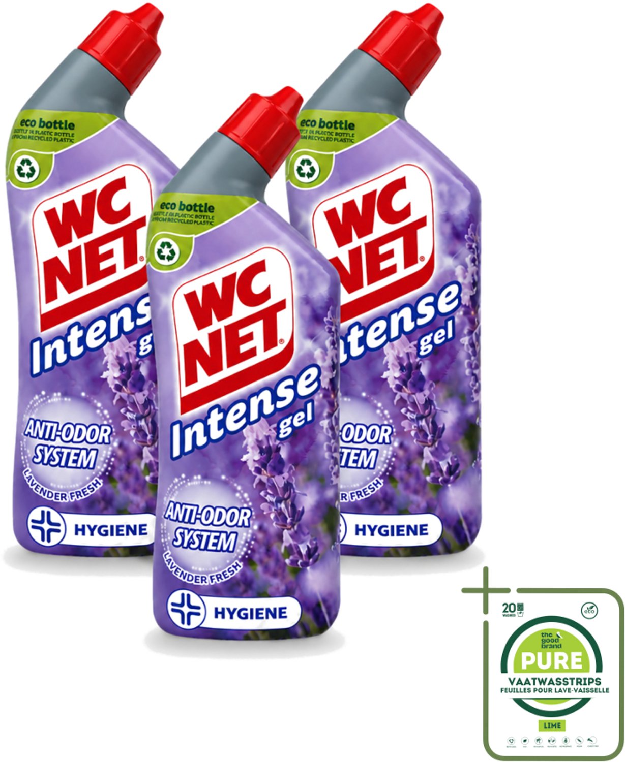 3 x WC Net - Toiletreiniger - Gel - Lavendel - Gerecycled Materiaal - 750 ml - Grootverpakking - Vaatwasstrips - WC Net - Toilet Reiniger - Lavendel Geur - Anti-geur - Gerecycled Fles