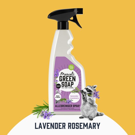 Marcel's Green Soap allesreiniger spray lavendel en rozemarijn met wasbeerje en lavendeltakjes.