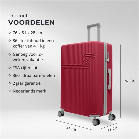 Grote rode koffer (76x51x28 cm) met een TSA cijferslot, 360° wielen en ribbelstructuur.