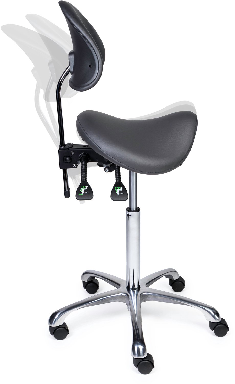 Ergonomische Zadelkruk met Rugleuning Premium Grijs op Wielen Lage uitvoering (45-58cm) / Met voetensteun / Standaard wielen
