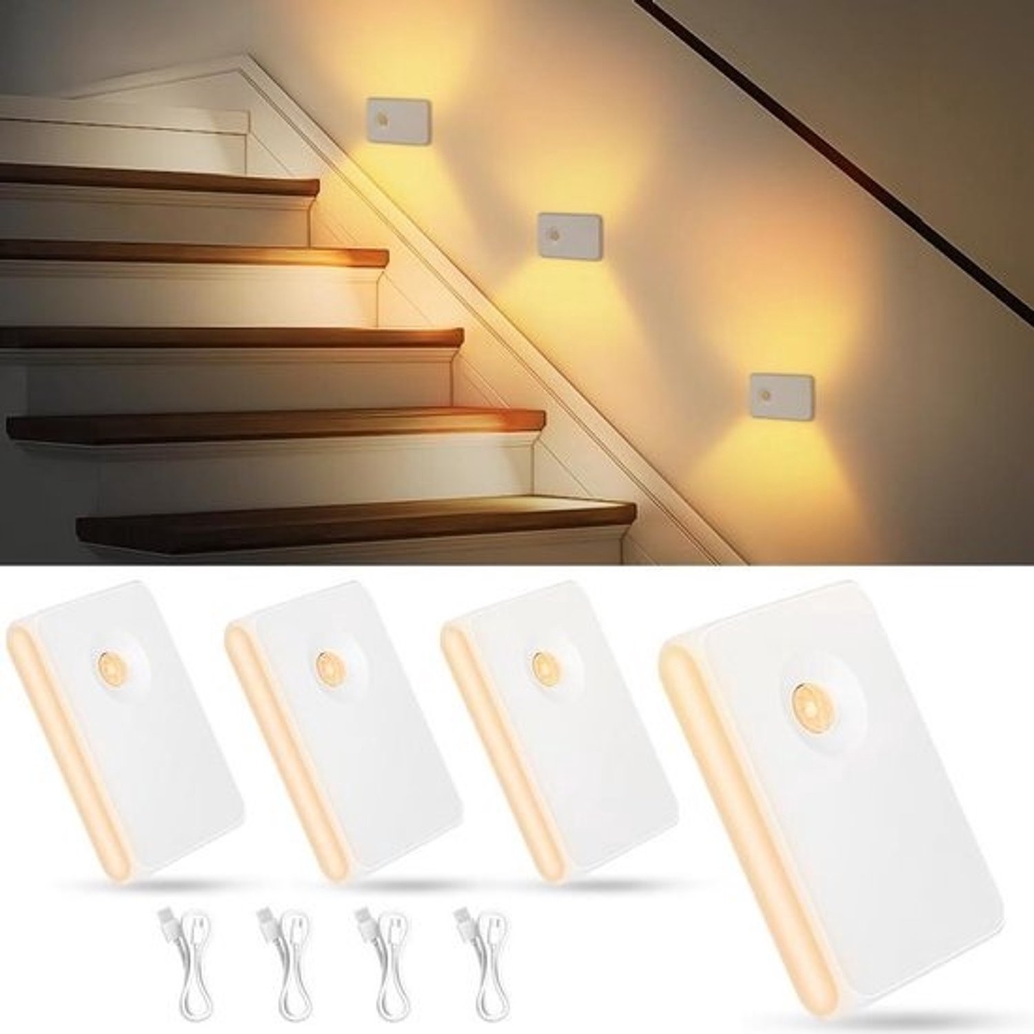 Bewegingssensor Verlichting - Nachtlamp Traplicht - Veilig Lopen - Dubbelzijdig Licht - 4 stuks - Warm Wit