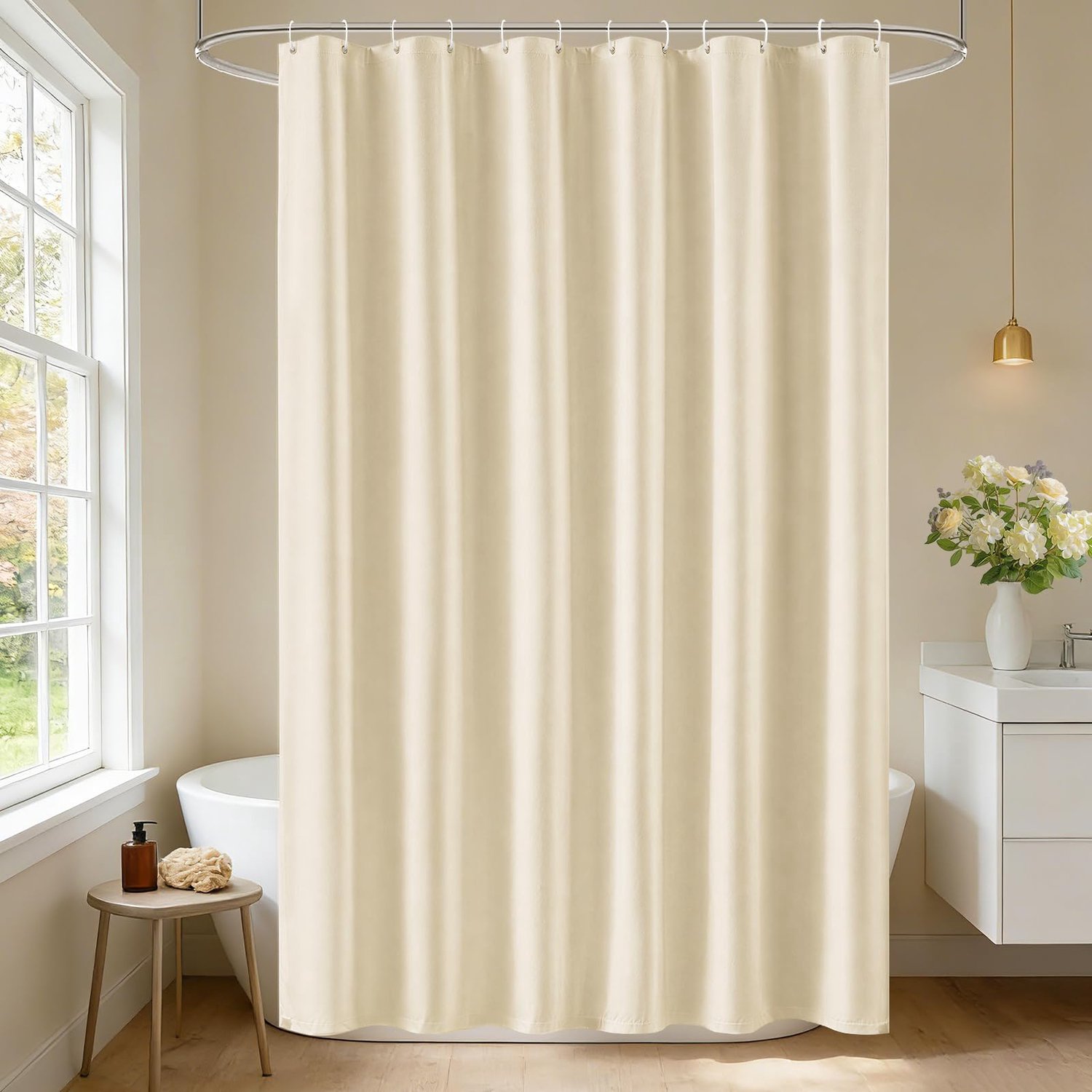EurCross Douchegordijn, beige, 180 x 200 cm, waterdicht, opgeruwd textiel, douchegordijnen, TPU-gelamineerde achterkant, wasbaar, 2-in-1 badgordijn me