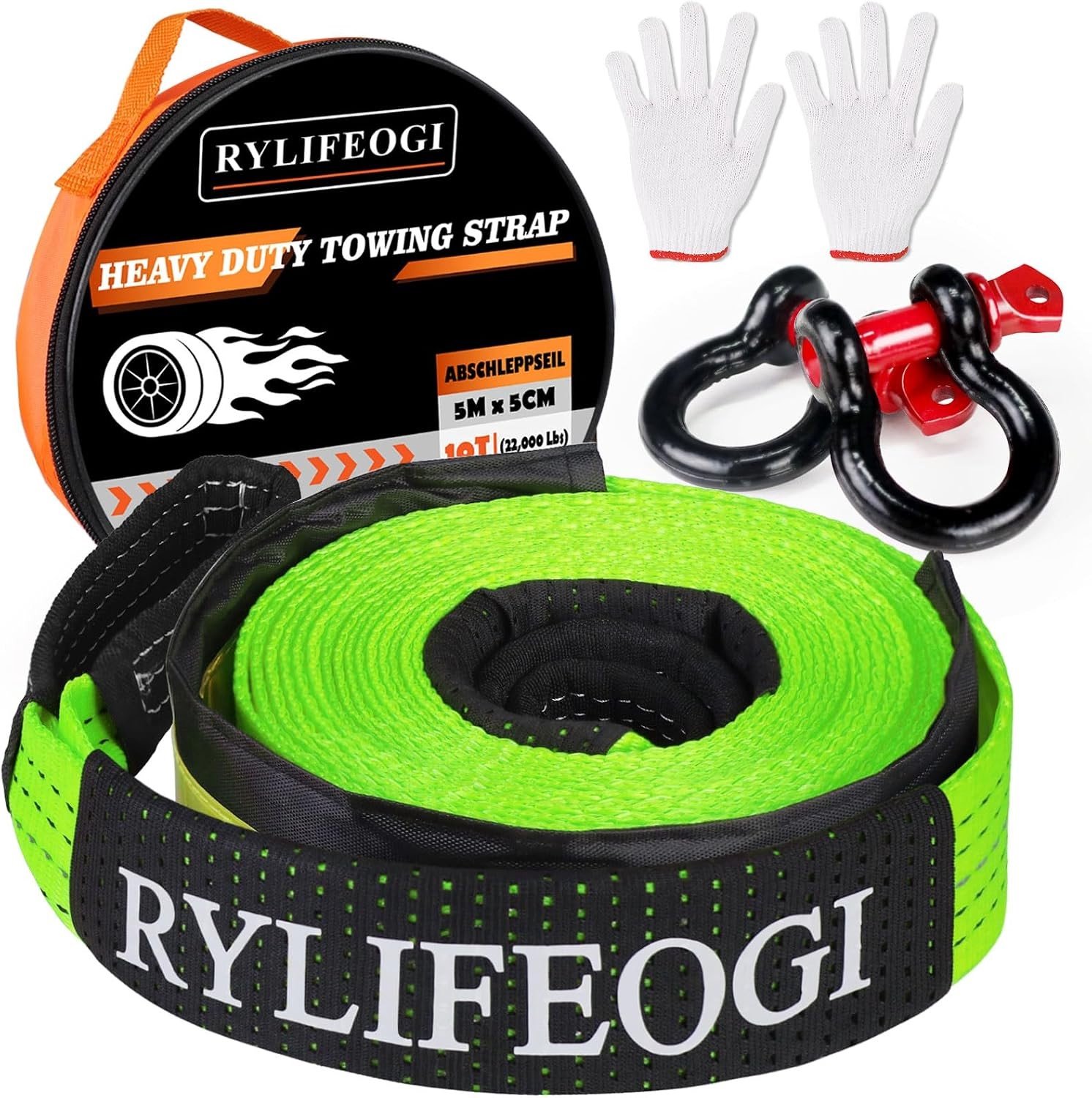 Sleepkabel - Groen - 5 m x 5 cm - Zware Sleepkabel met Versterkte Haken - Voor Off-Road Voertuigen