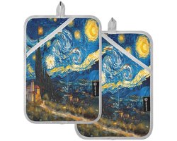 JUMBEAR Van Gogh stijl sterrenhemel diagram pannenlap set met zak voor keuken, hittebestendige pannenlap keuken ovenwanten hete pads onderzetter voor