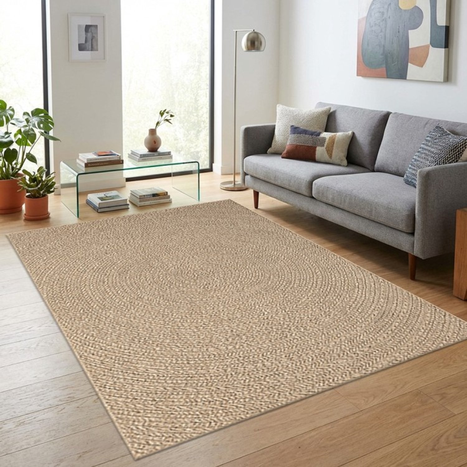 TapisTrend Designer tapijt Naturel 80x250 cm Modern vloerkleed Jute gevlochten effect en concentrisch ovaal patroon voor woonkamer, slaapkamer en eetkamer