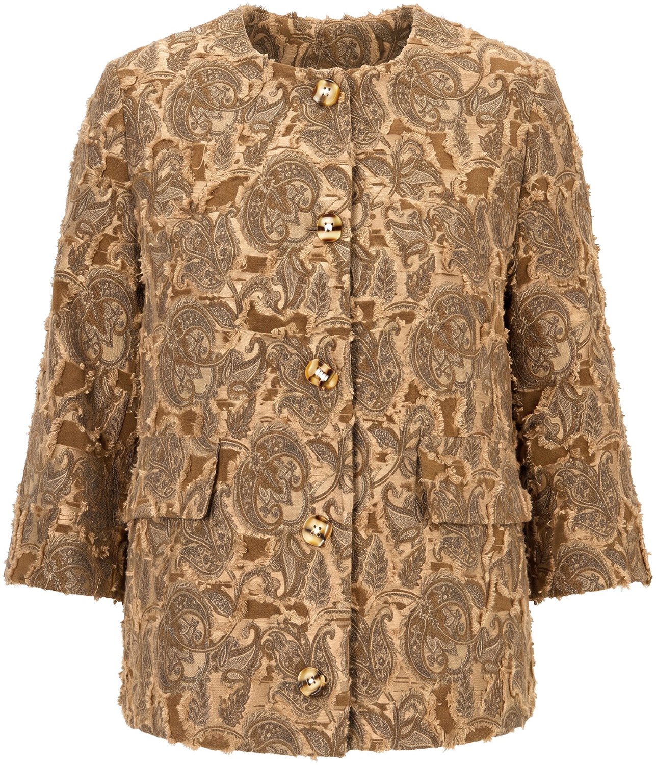 Ulla Popken - Dames - Jasje jacquard met franjes ronde hals 3/4-mouwen - Karamel - Maat 54