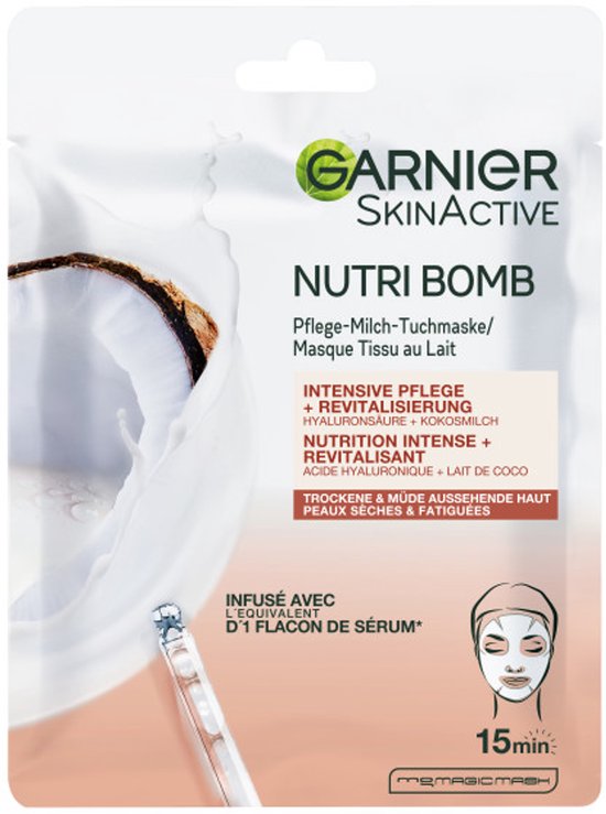 Garnier SkinActive Nutri Bomb masker met kokosmelk, hyaluronzuur voor droge en vermoeide huid.