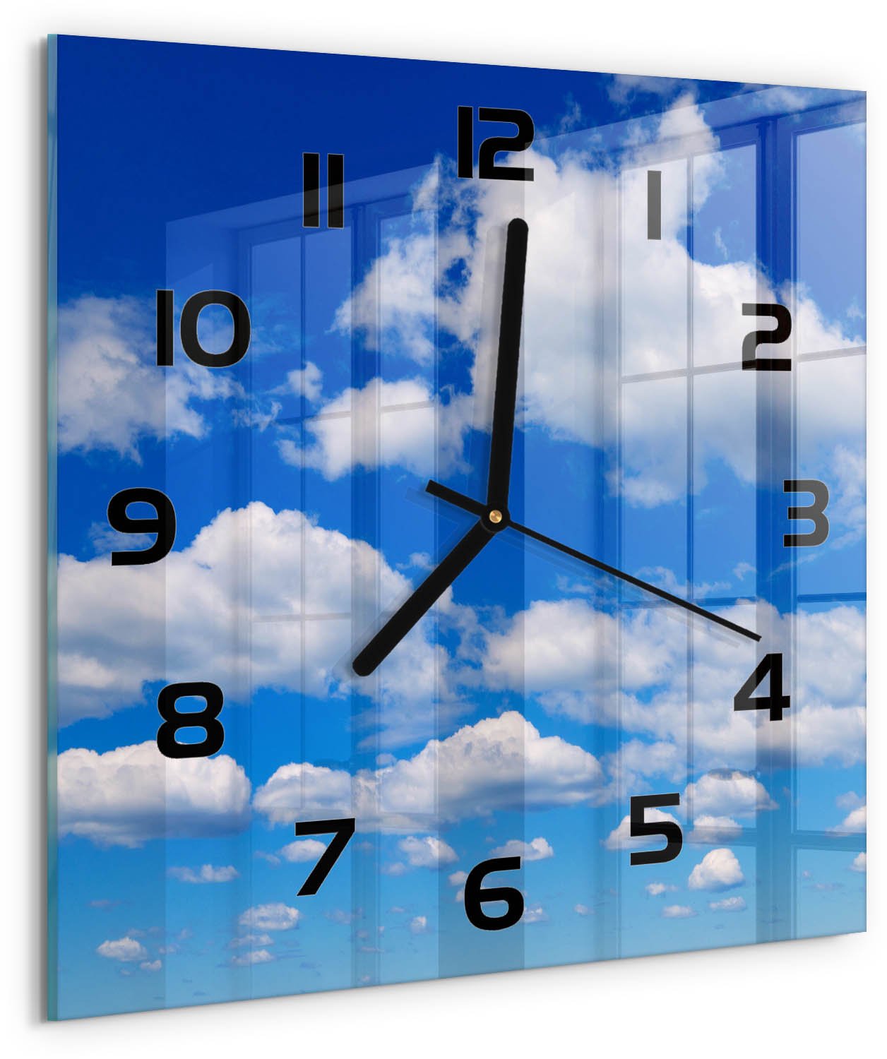 TULUP Wandklok - Wolken aan de hemel Moderne Wandklok Glas - 30x30 cm - Blauw Wandklok Glas Decoratie - Zwarte handen - Vierkante Klok - Glazen Wandklok Design - Klok Glas Met Opdruk
