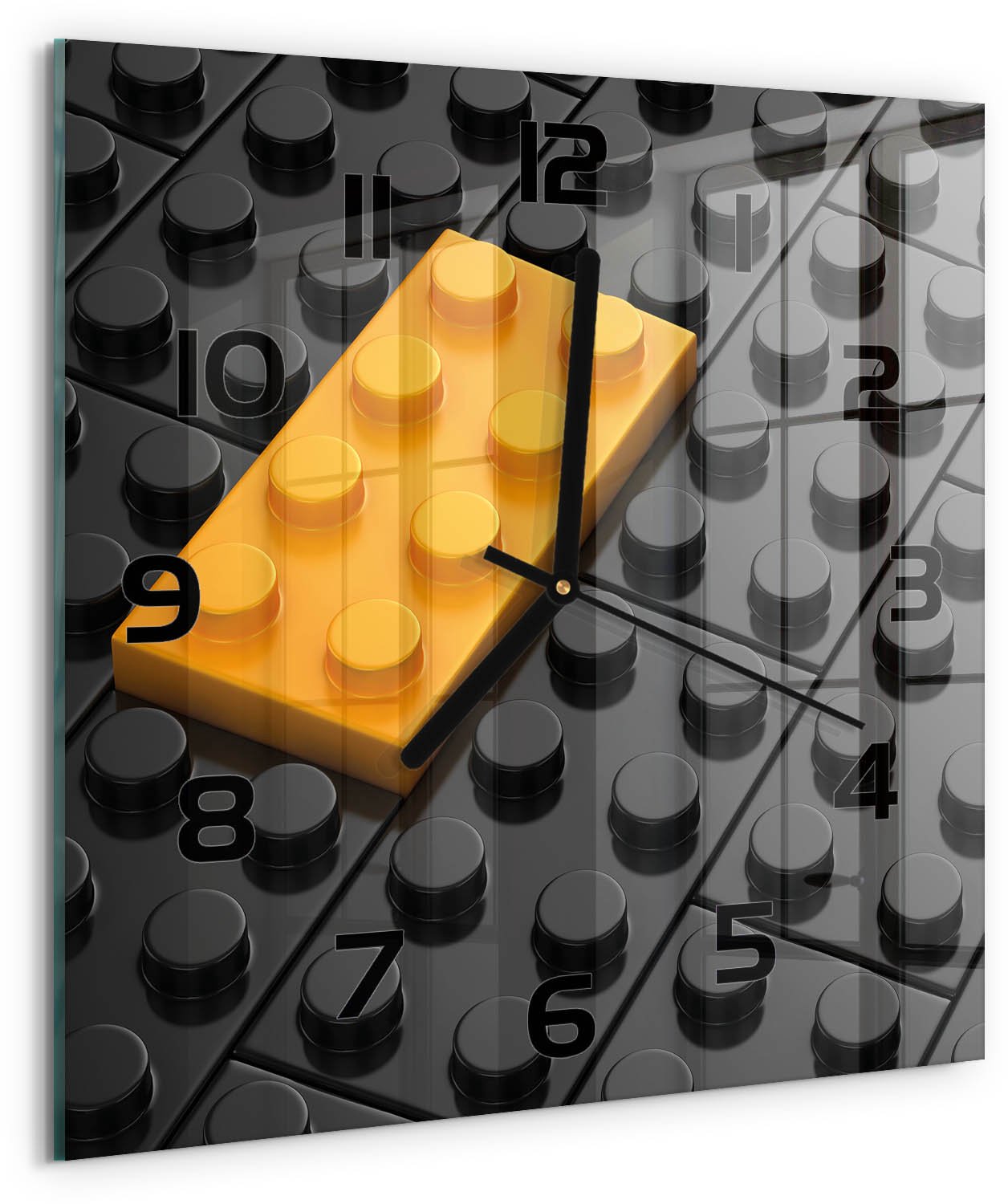 TULUP Wandklok - Lego Moderne Wandklok Glas - 30x30 cm - Geel Wandklok Glas Decoratie - Zwarte handen - Vierkante Klok - Glazen Wandklok Design - Klok Glas Met Opdruk