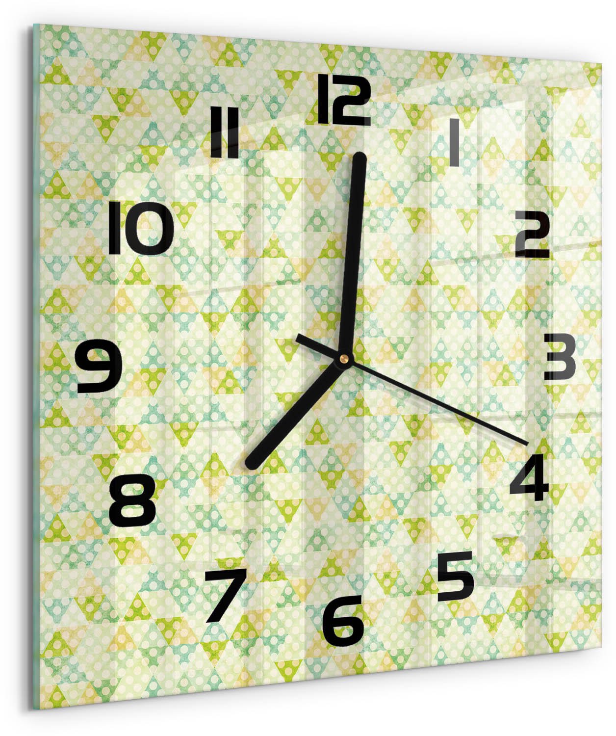 TULUP Wandklok - Geometrische achtergrond Wandklok Glas Met Motief - 30x30 cm - Groente Decoratieve Glazen Klok - Zwarte handen - Vierkante Klok - Gekleurde Glazen Klok - Glazen Klok Met Print