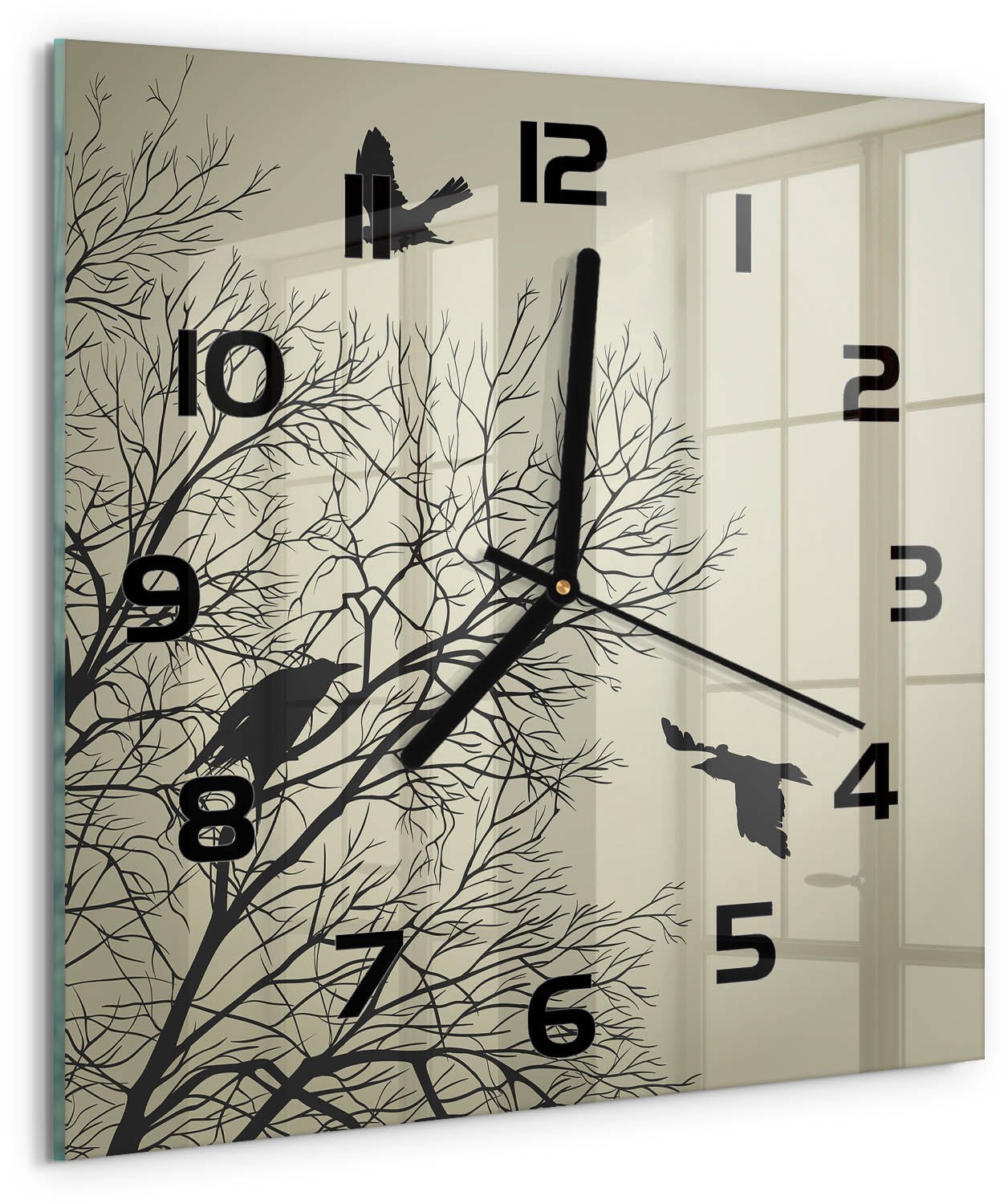 TULUP Wandklok - Raven in de boom Glazen Klok Met Print - 30x30 cm - Beige Wandklok Glas Met Motief - Zwarte handen - Vierkante Klok - Wandklok Glas Decoratie - Gekleurde Glazen Klok