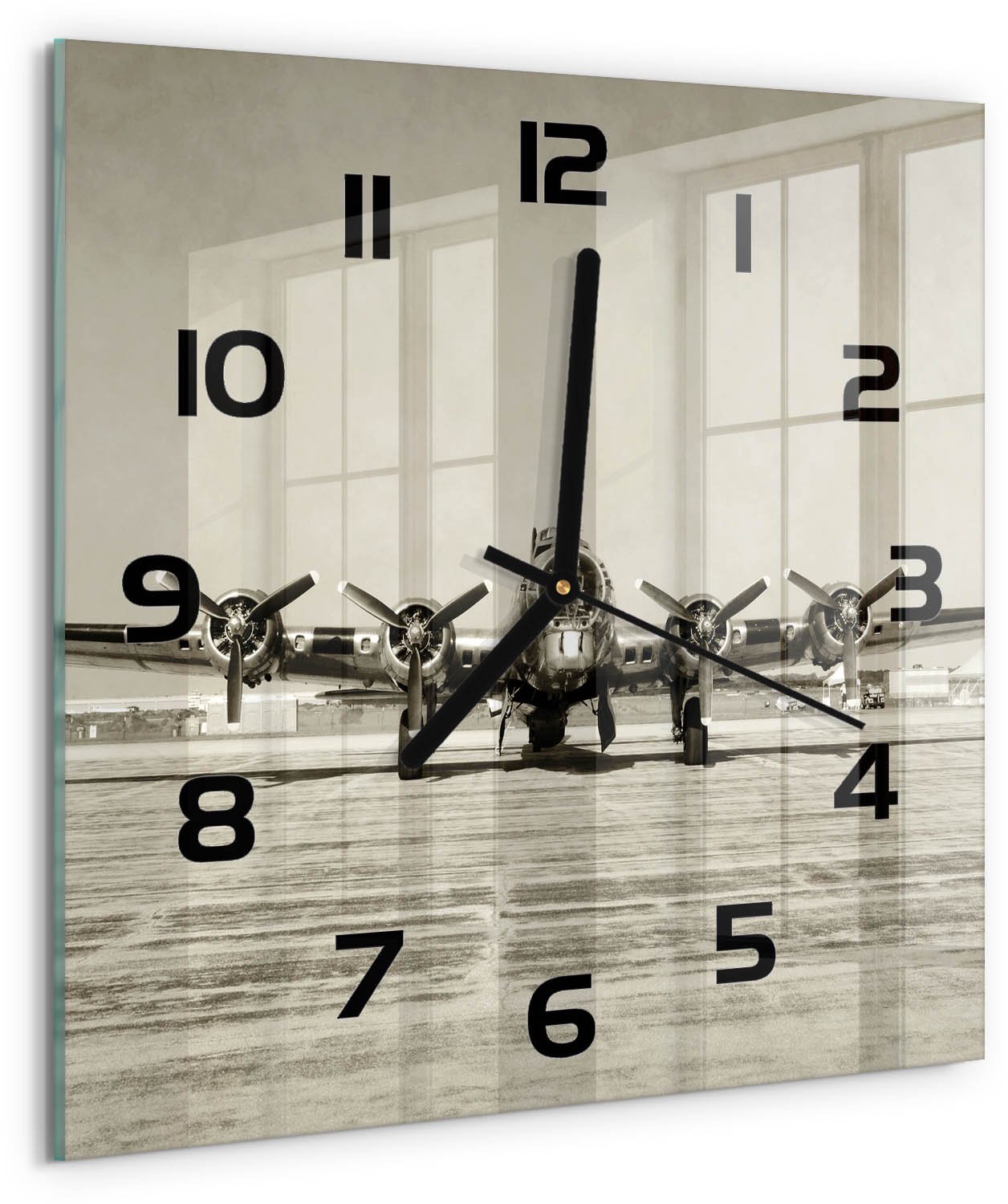 Tulup Wandklok - Oude bommenwerper Gekleurde Glazen Klok - 30x30 cm - Beige Glazen Klok Met Print - Zwarte handen - Vierkante Klok - Moderne Wandklok Glas - Wandklok Glas Decoratie