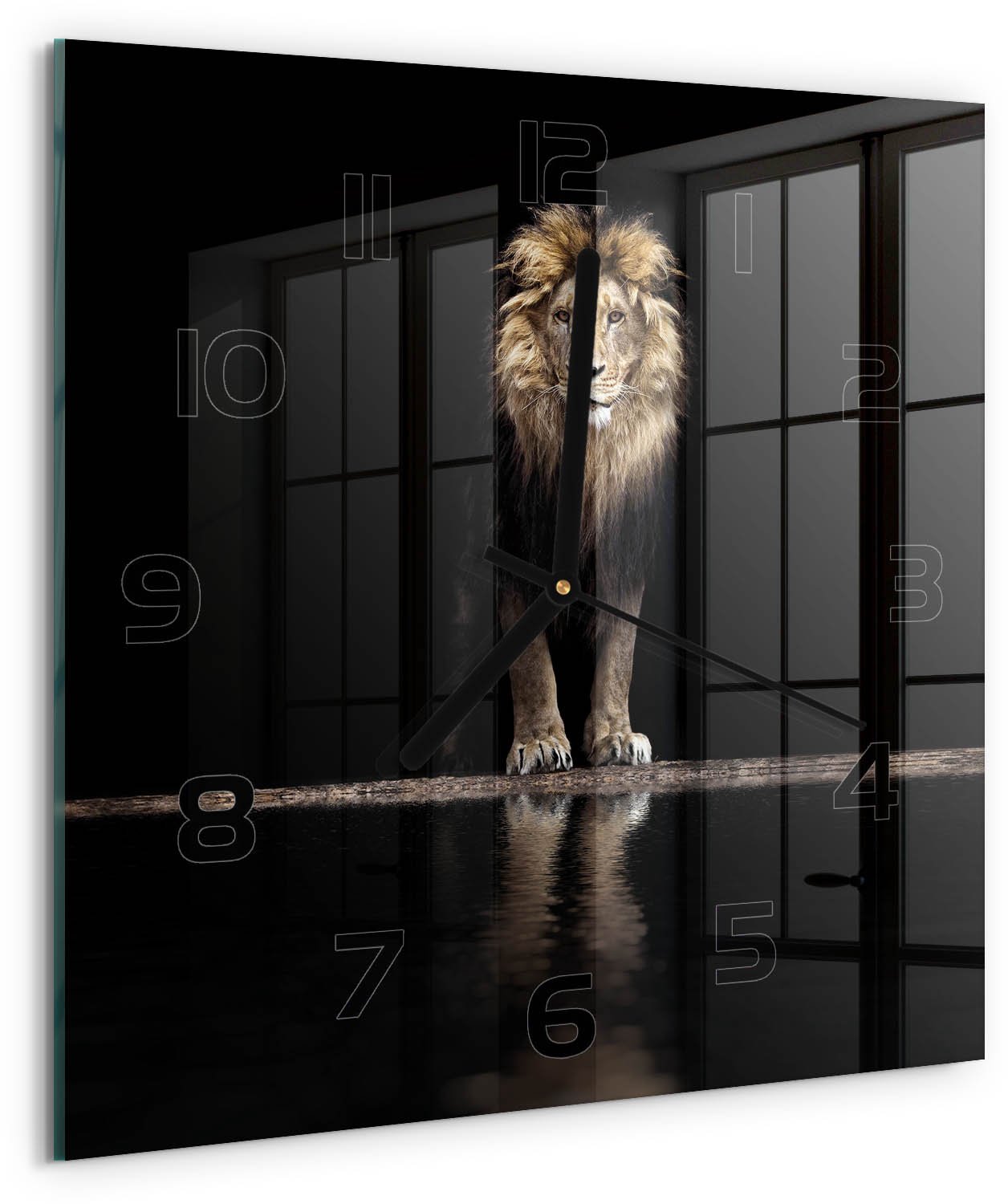 TULUP Wandklok - Portret van een leeuw Decoratieve Glazen Klok - 30x30 cm - Bruin Glazen Wandklok Design - Zwarte handen - Vierkante Klok - Glazen Klok Met Print - Wandklok Glas Met Motief