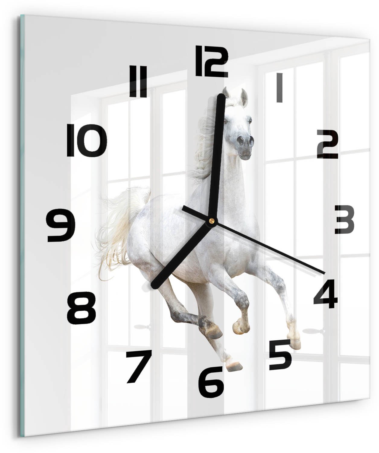 TULUP Wandklok - Wit Arabisch paard Klok Glas Met Opdruk - 30x30 cm - Wit Moderne Wandklok Glas - Zwarte handen - Vierkante Klok - Decoratieve Glazen Klok - Glazen Wandklok Design