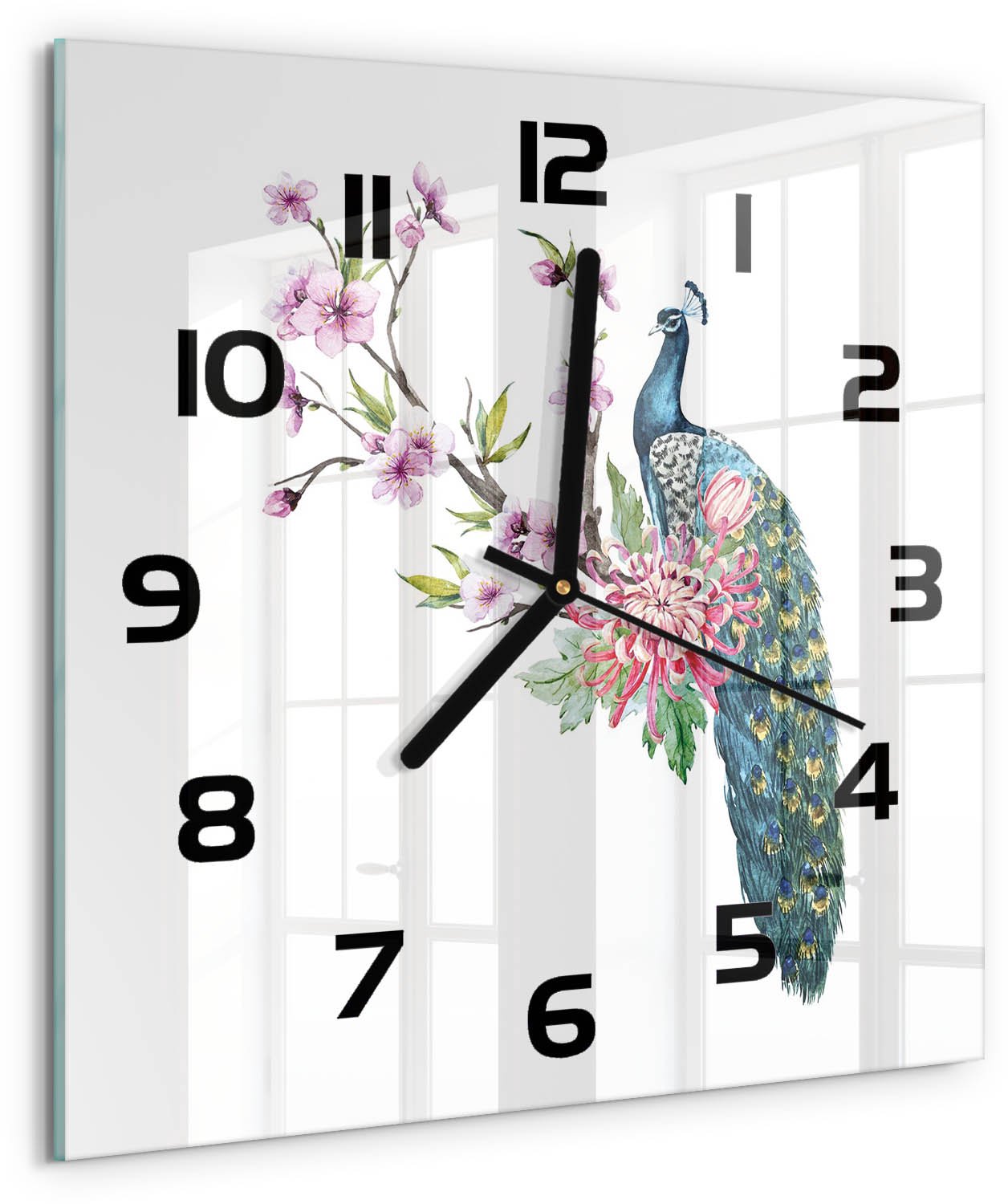 TULUP Wandklok - Pauw en bloemen Glazen Wandklok Design - 30x30 cm - Veelkleurig Klok Glas Met Opdruk - Zwarte handen - Vierkante Klok - Wandklok Glas Met Motief - Decoratieve Glazen Klok