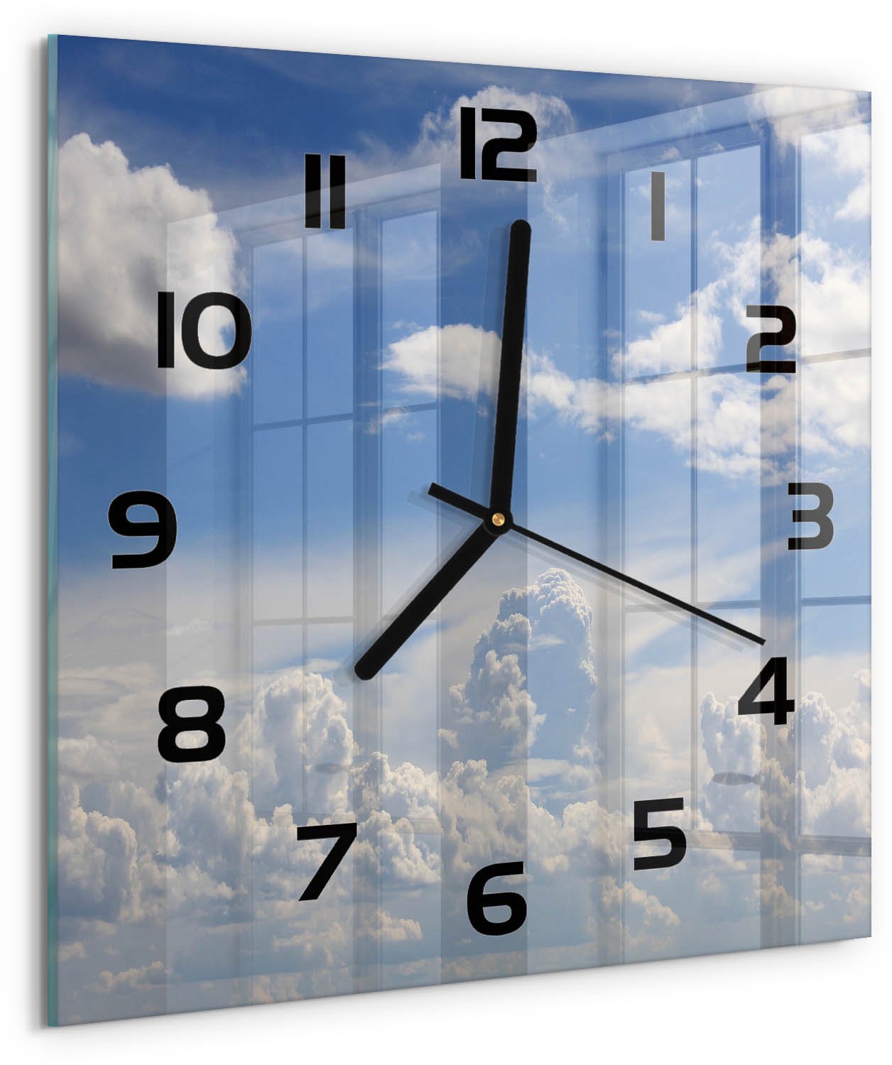 Tulup Wandklok - Wolken aan de hemel Klok Glas Met Opdruk - 30x30 cm - Blauw Moderne Wandklok Glas - Zwarte handen - Vierkante Klok - Decoratieve Glazen Klok - Glazen Wandklok Design