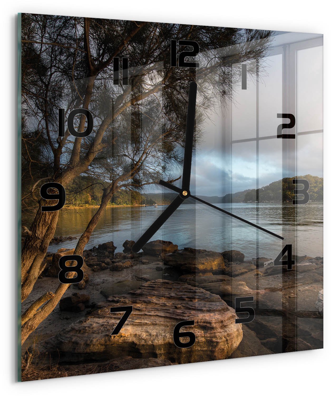 TULUP Wandklok - Boom aan de rivier Wandklok Glas Met Motief - 30x30 cm - Bruin Decoratieve Glazen Klok - Zwarte handen - Vierkante Klok - Gekleurde Glazen Klok - Glazen Klok Met Print