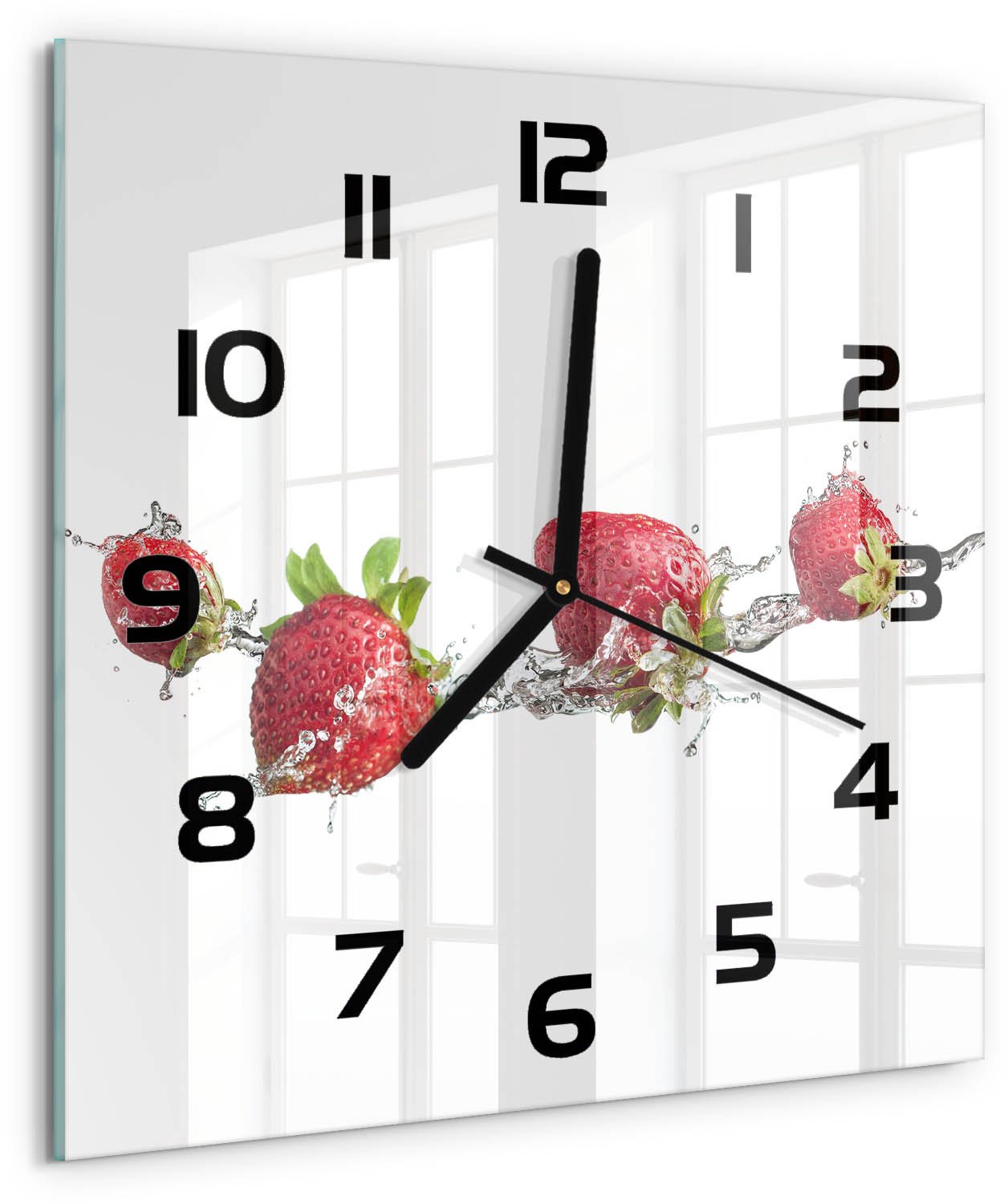 Tulup Wandklok - Aardbeien en water Glazen Wandklok Design - 30x30 cm - Rood Klok Glas Met Opdruk - Zwarte handen - Vierkante Klok - Wandklok Glas Met Motief - Decoratieve Glazen Klok