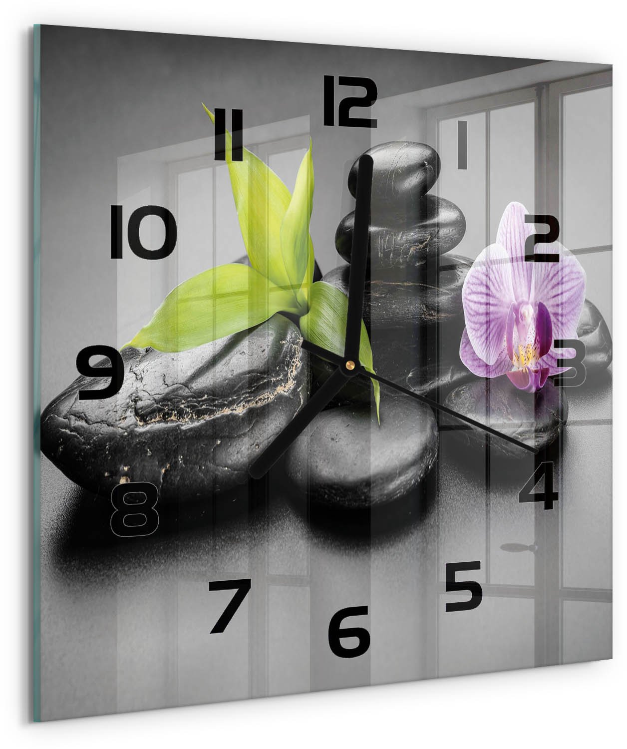 TULUP Wandklok - Zen-stenen Glazen Klok Met Print - 30x30 cm - Zwart Wandklok Glas Met Motief - Zwarte handen - Vierkante Klok - Wandklok Glas Decoratie - Gekleurde Glazen Klok