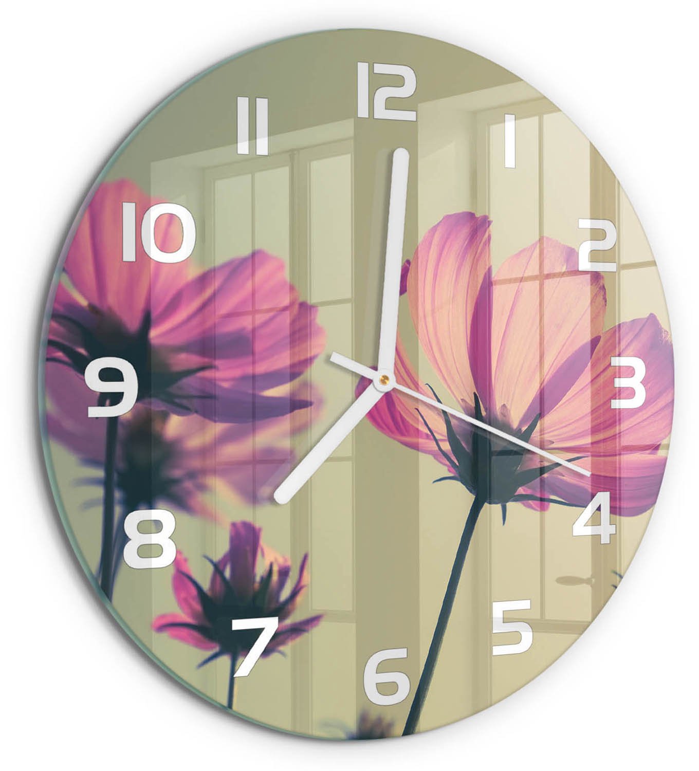 TULUP Wandklok - Roze bloemen Wandklok Glas Decoratie - fi30 cm - Roze Gekleurde Glazen Klok - Witte handen - Ronde Klok - Klok Glas Met Opdruk - Moderne Wandklok Glas