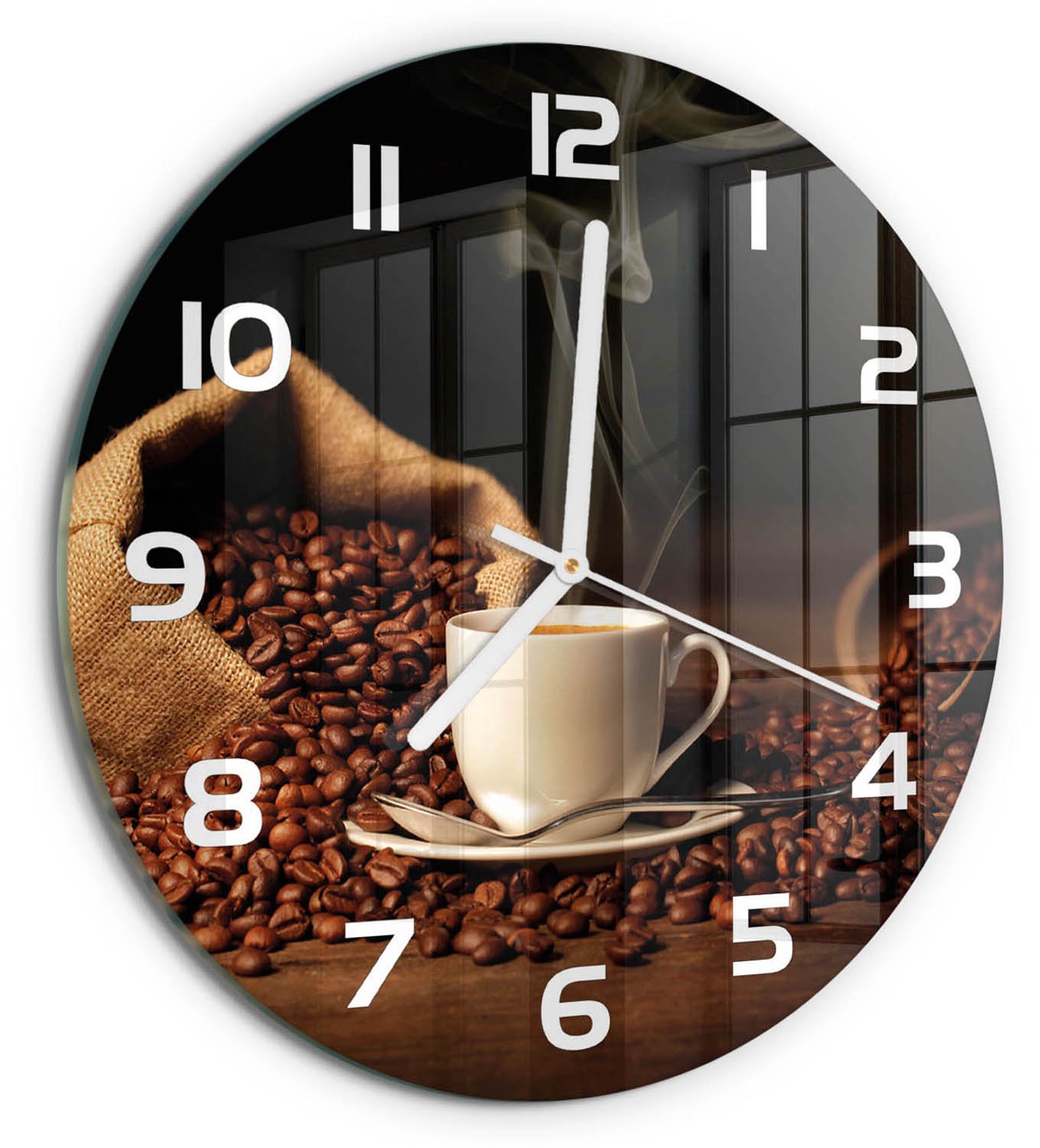 TULUP Wandklok - Koffie in een kopje Gekleurde Glazen Klok - fi30 cm - Bruin Glazen Klok Met Print - Witte handen - Ronde Klok - Moderne Wandklok Glas - Wandklok Glas Decoratie