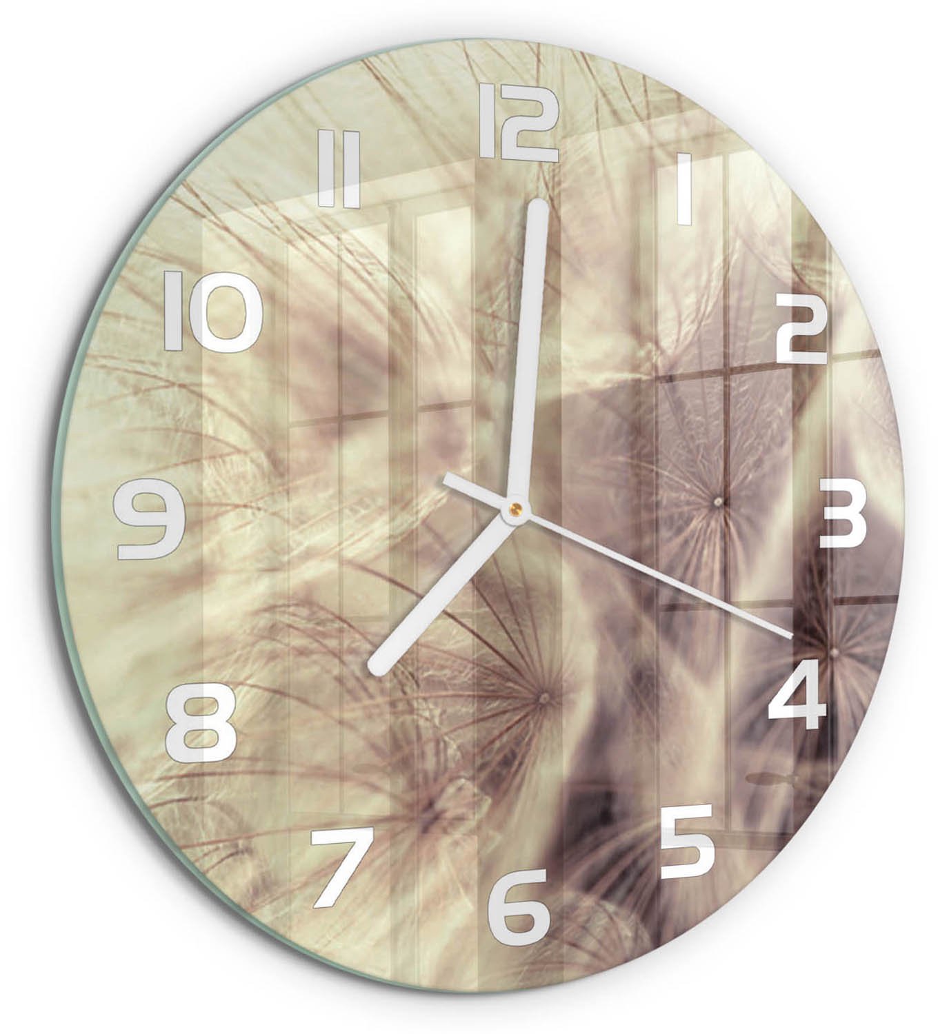 TULUP Wandklok - Paardebloem Klok Glas Met Opdruk - fi30 cm - Grijs Moderne Wandklok Glas - Witte handen - Ronde Klok - Decoratieve Glazen Klok - Glazen Wandklok Design