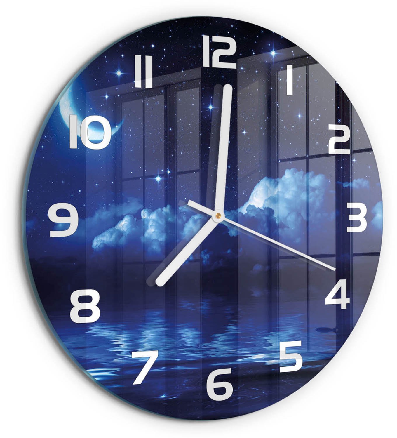 TULUP Wandklok - De nachtelijke hemel Wandklok Glas Met Motief - fi30 cm - Blauw Decoratieve Glazen Klok - Witte handen - Ronde Klok - Gekleurde Glazen Klok - Glazen Klok Met Print