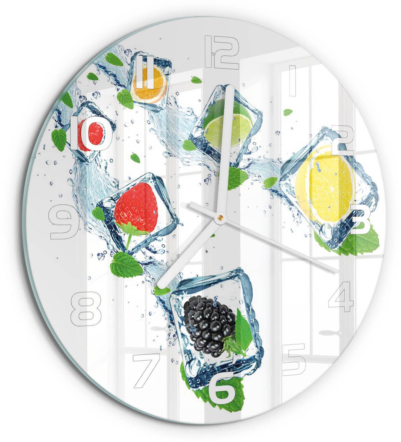 TULUP Wandklok - Fruit in blokjes Gekleurde Glazen Klok - fi30 cm - Veelkleurig Glazen Klok Met Print - Witte handen - Ronde Klok - Moderne Wandklok Glas - Wandklok Glas Decoratie