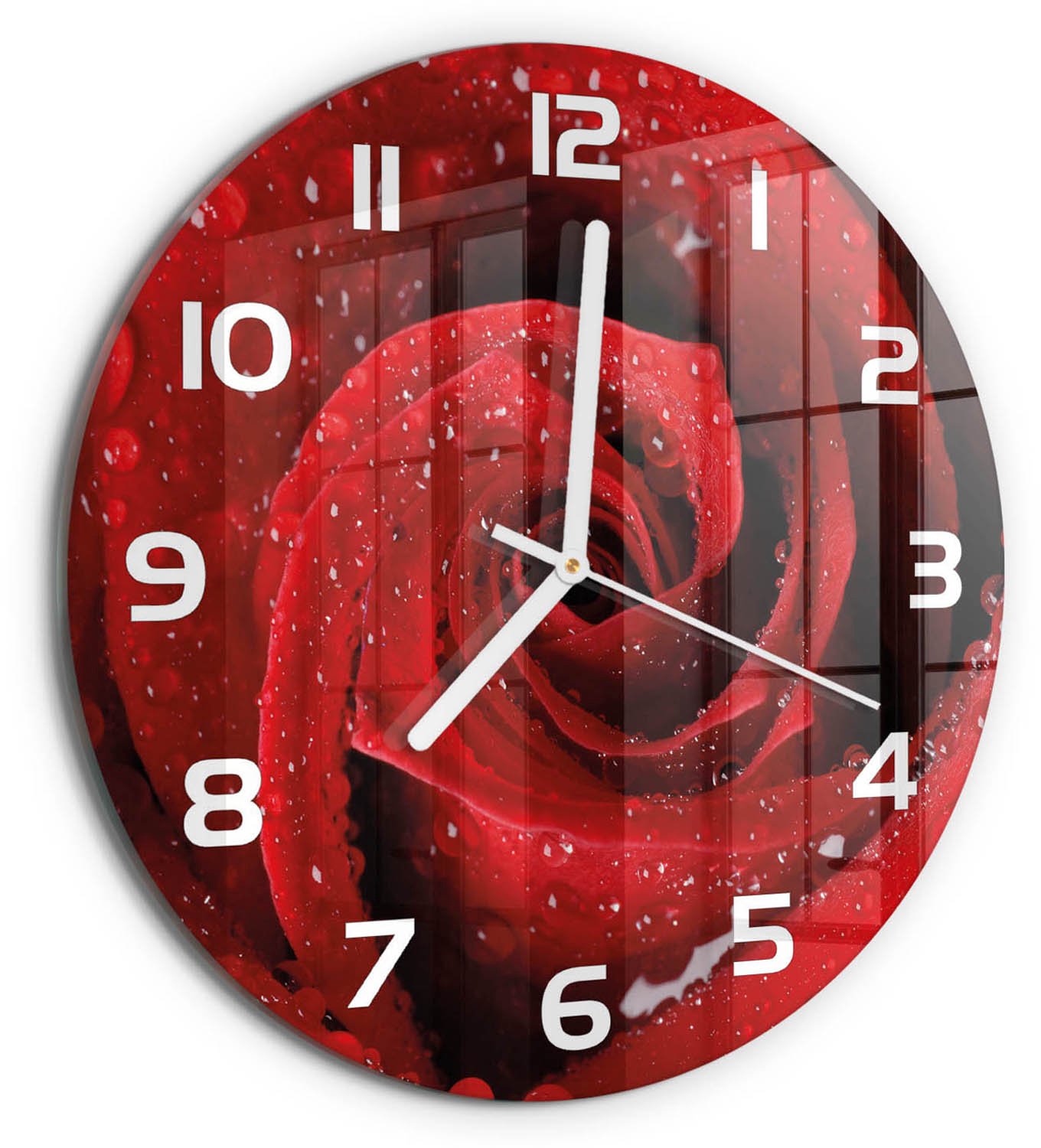 TULUP Wandklok - Druppels op de roos Glazen Wandklok Design - fi30 cm - Rood Klok Glas Met Opdruk - Witte handen - Ronde Klok - Wandklok Glas Met Motief - Decoratieve Glazen Klok