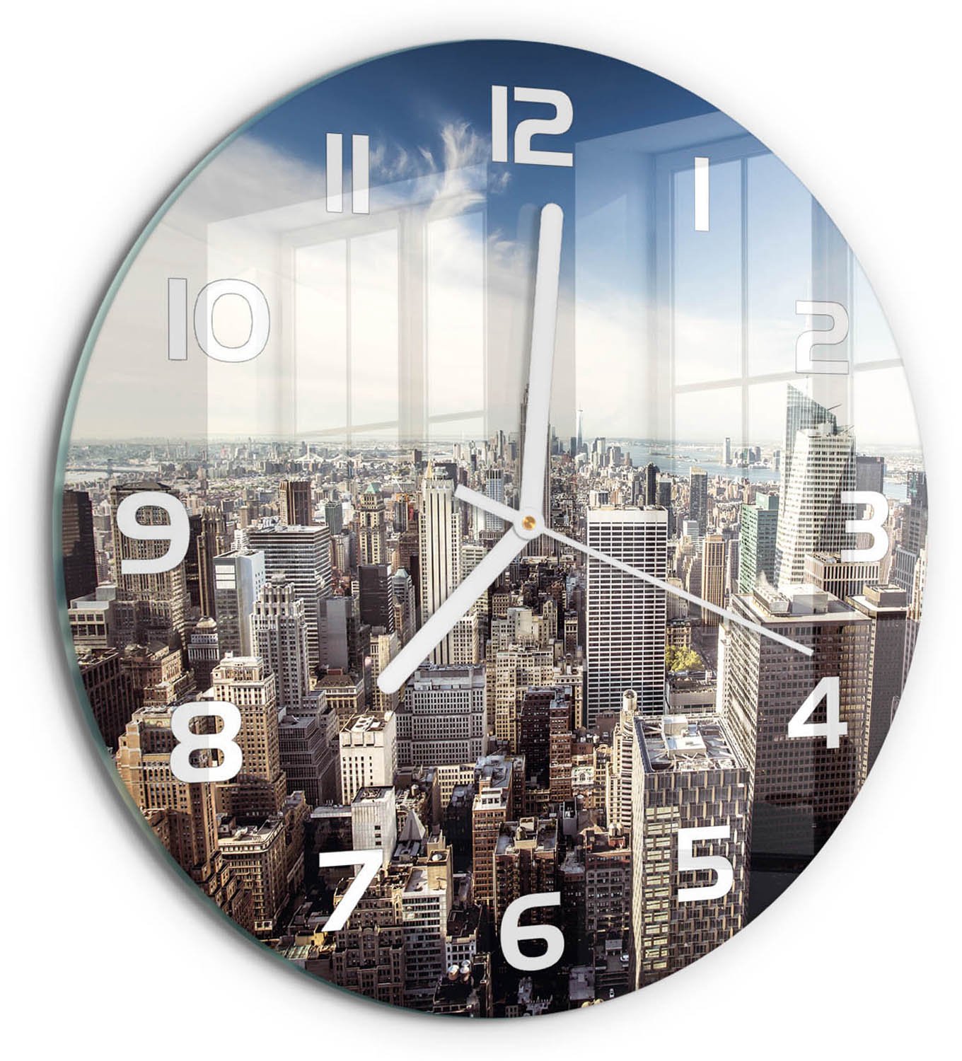 TULUP Wandklok - New York Decoratieve Glazen Klok - fi30 cm - Blauw Glazen Wandklok Design - Witte handen - Ronde Klok - Glazen Klok Met Print - Wandklok Glas Met Motief