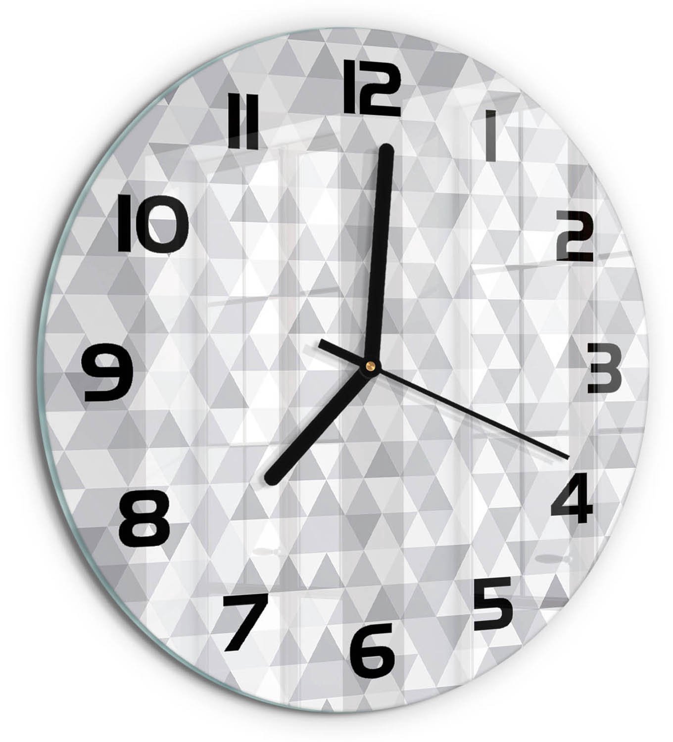 TULUP Wandklok - Grijze driehoeken Klok Glas Met Opdruk - fi30 cm - Grijs Moderne Wandklok Glas - Zwarte handen - Ronde Klok - Decoratieve Glazen Klok - Glazen Wandklok Design