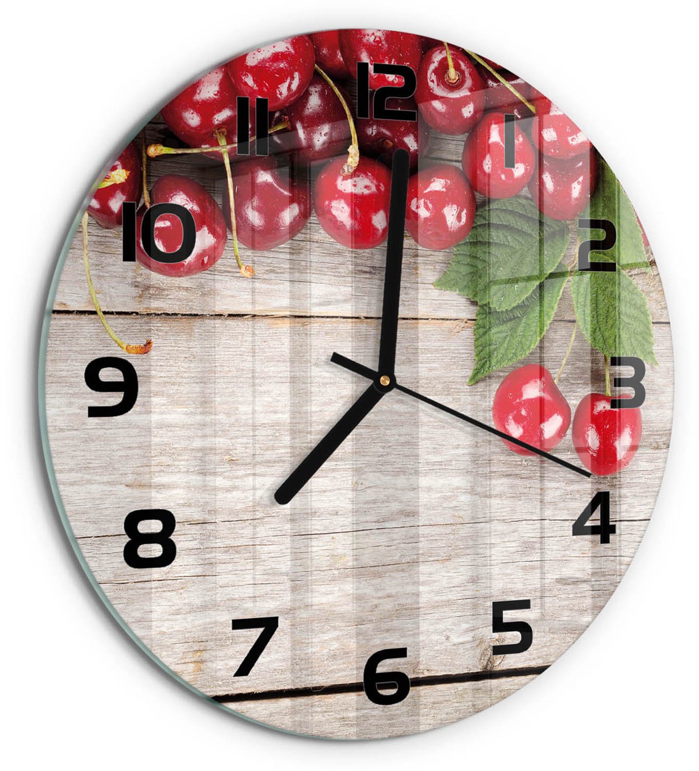 TULUP Wandklok - Kersen op hout Glazen Klok Met Print - fi30 cm - Rood Wandklok Glas Met Motief - Zwarte handen - Ronde Klok - Wandklok Glas Decoratie - Gekleurde Glazen Klok