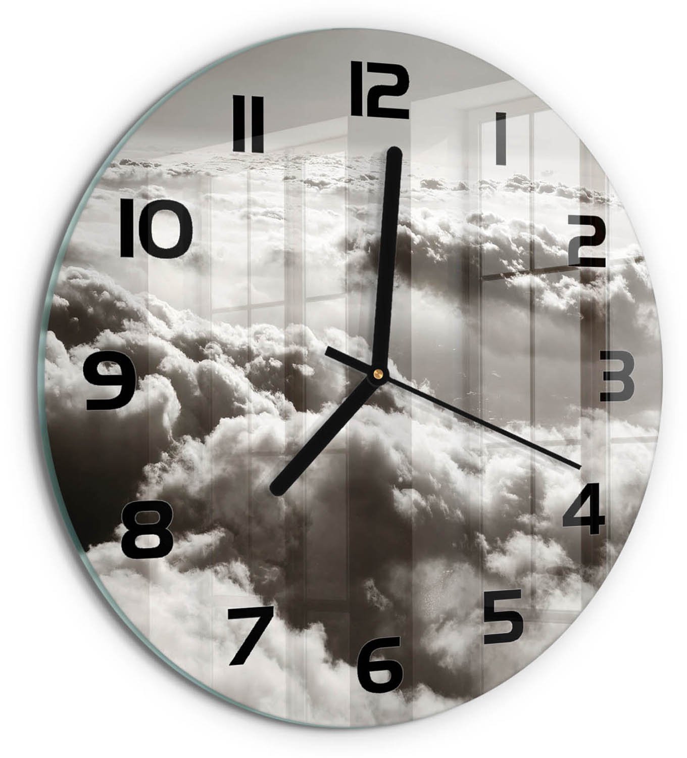 TULUP Wandklok - Wolken gezien vanuit vogelperspectief Moderne Wandklok Glas - fi30 cm - Zwart-wit Wandklok Glas Decoratie - Zwarte handen - Ronde Klok - Glazen Wandklok Design - Klok Glas Met Opdruk