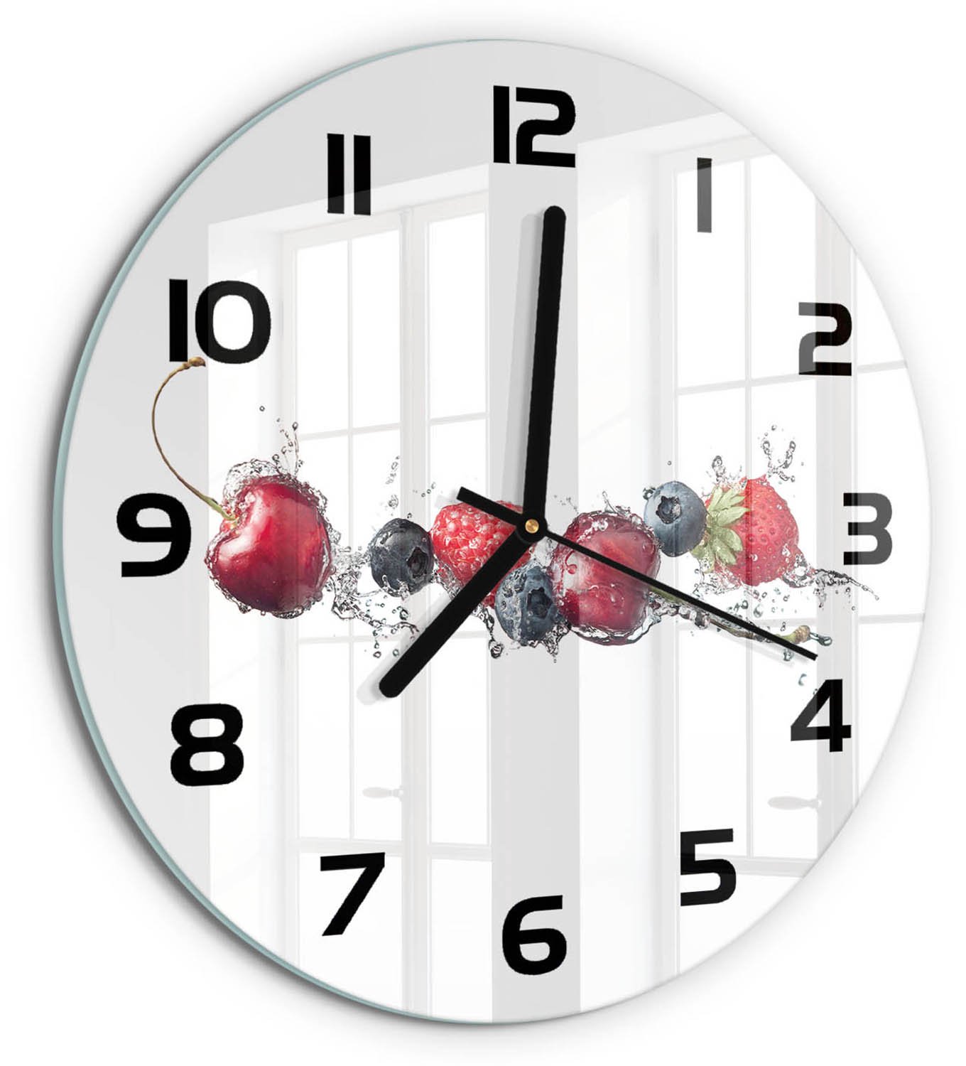 TULUP Wandklok - Bosvruchten Glazen Klok Met Print - fi30 cm - Rood Wandklok Glas Met Motief - Zwarte handen - Ronde Klok - Wandklok Glas Decoratie - Gekleurde Glazen Klok