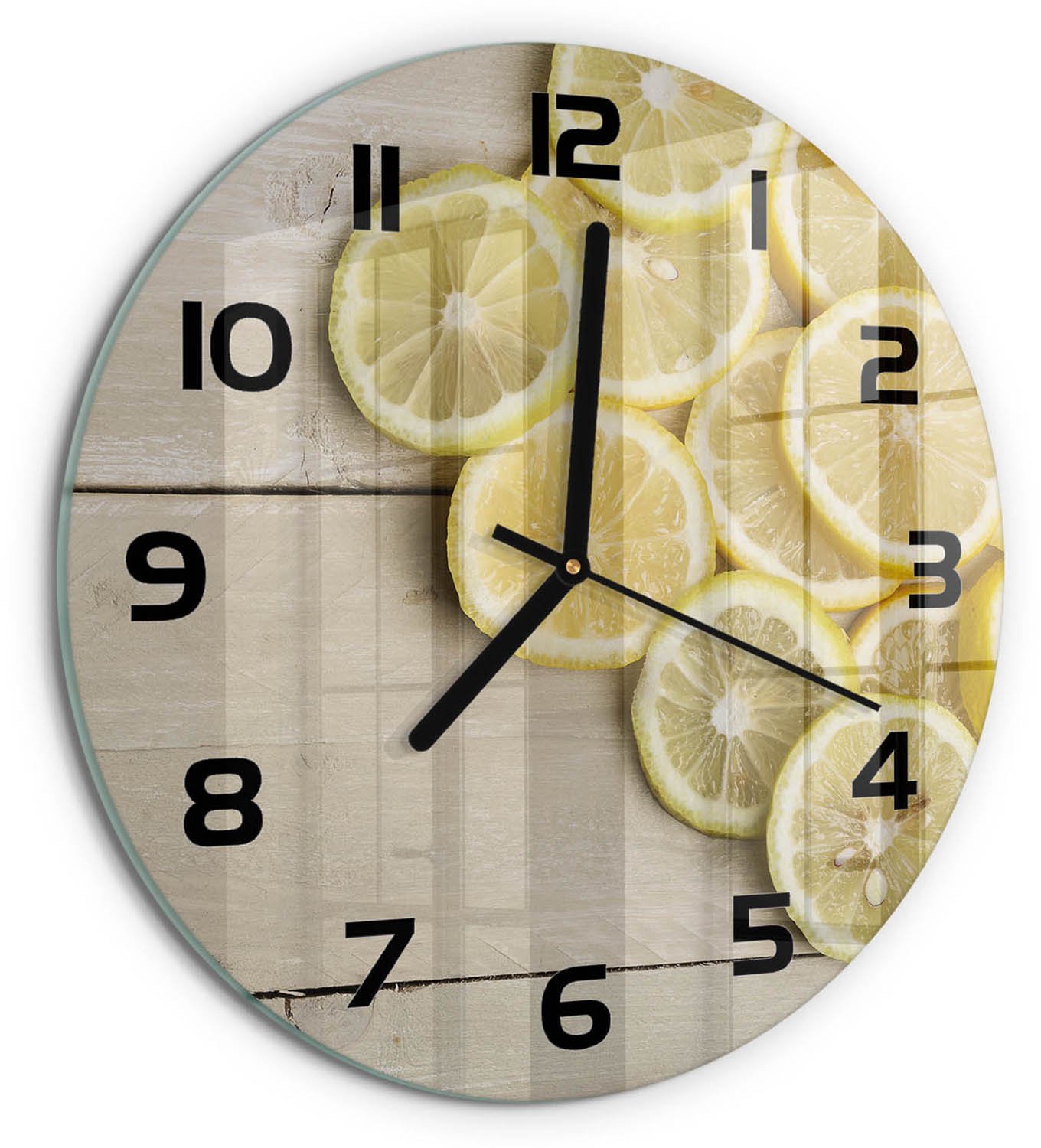 TULUP Wandklok - Citroenhout Glazen Wandklok Design - fi30 cm - Geel Klok Glas Met Opdruk - Zwarte handen - Ronde Klok - Wandklok Glas Met Motief - Decoratieve Glazen Klok