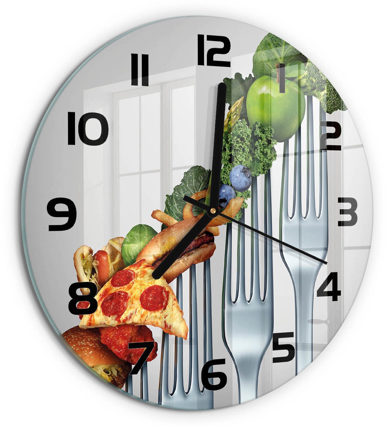 TULUP Wandklok - Vooruitgang in de voeding Moderne Wandklok Glas - fi30 cm - Veelkleurig Wandklok Glas Decoratie - Zwarte handen - Ronde Klok - Glazen Wandklok Design - Klok Glas Met Opdruk