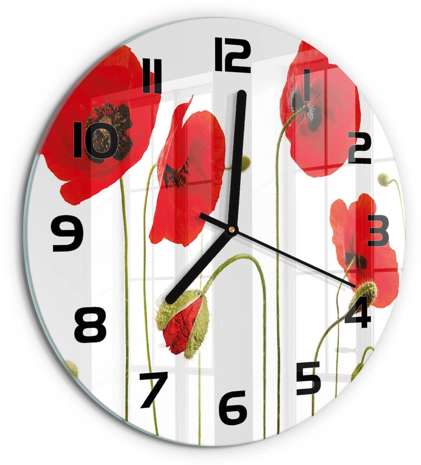 TULUP Wandklok - Klaprozen Moderne Wandklok Glas - fi30 cm - Rood Wandklok Glas Decoratie - Zwarte handen - Ronde Klok - Glazen Wandklok Design - Klok Glas Met Opdruk