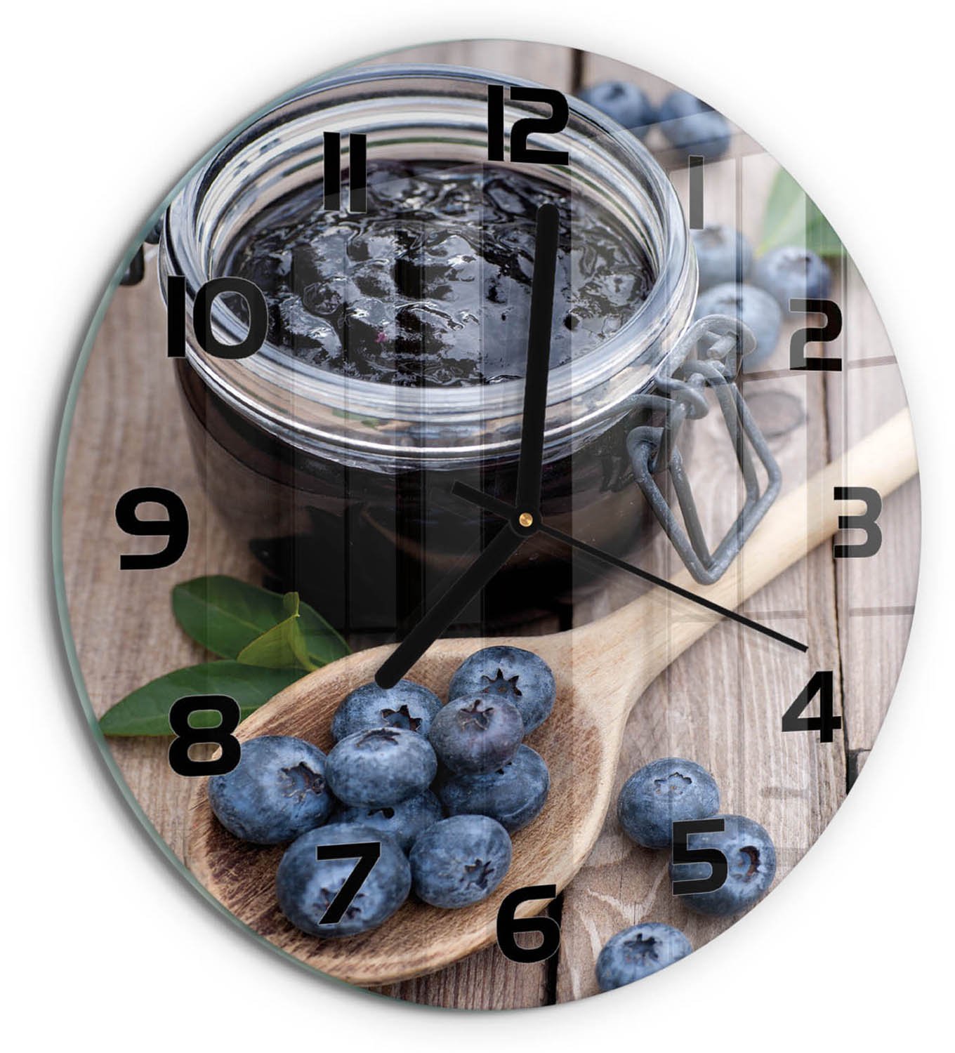 TULUP Wandklok - Bosbessenjam Wandklok Glas Decoratie - fi30 cm - Blauw Gekleurde Glazen Klok - Zwarte handen - Ronde Klok - Klok Glas Met Opdruk - Moderne Wandklok Glas