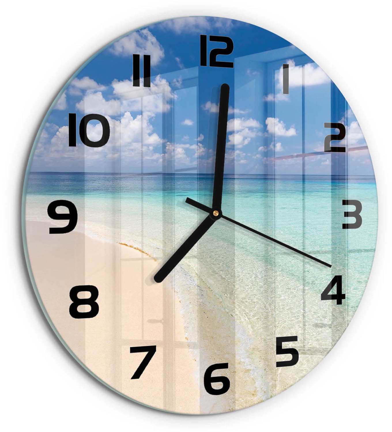 TULUP Wandklok - Strand op de Malediven Decoratieve Glazen Klok - fi30 cm - Blauw Glazen Wandklok Design - Zwarte handen - Ronde Klok - Glazen Klok Met Print - Wandklok Glas Met Motief