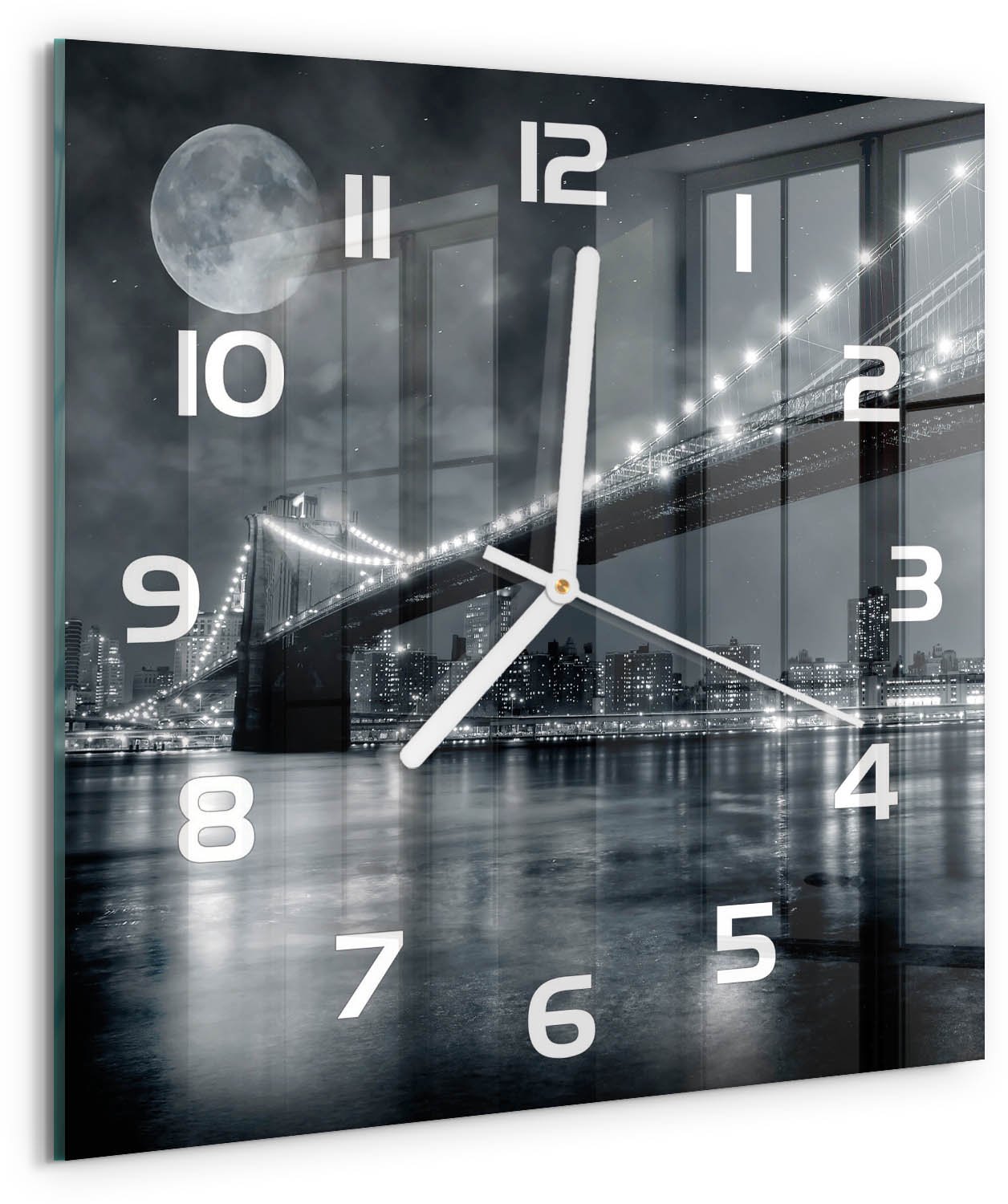 TULUP Wandklok - Brooklynbrug Wandklok Glas Met Motief - 30x30 cm - Zwart-wit Decoratieve Glazen Klok - Witte handen - Vierkante Klok - Gekleurde Glazen Klok - Glazen Klok Met Print