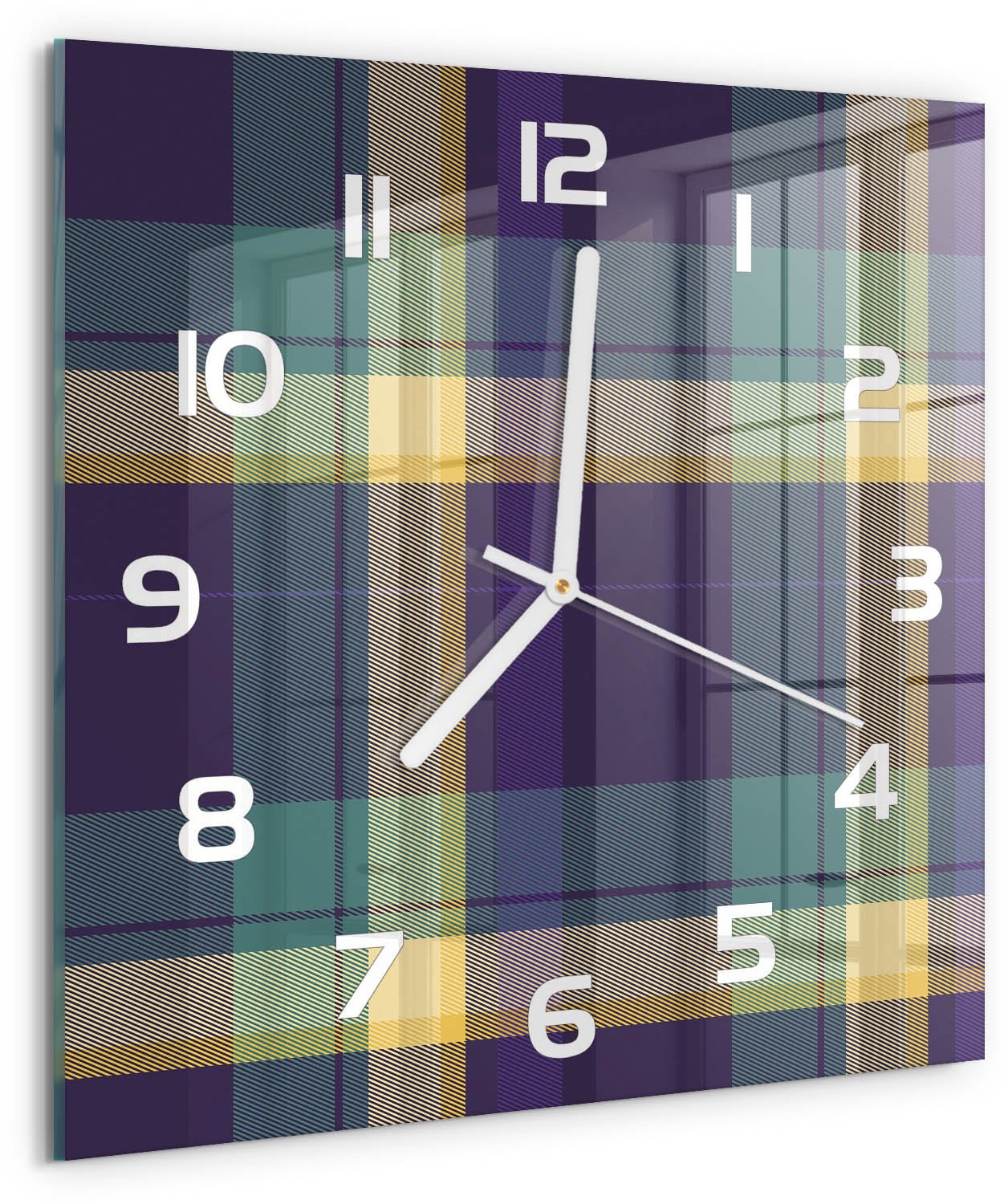 TULUP Wandklok - Mesh-textuur Decoratieve Glazen Klok - 30x30 cm - Paars Glazen Wandklok Design - Witte handen - Vierkante Klok - Glazen Klok Met Print - Wandklok Glas Met Motief