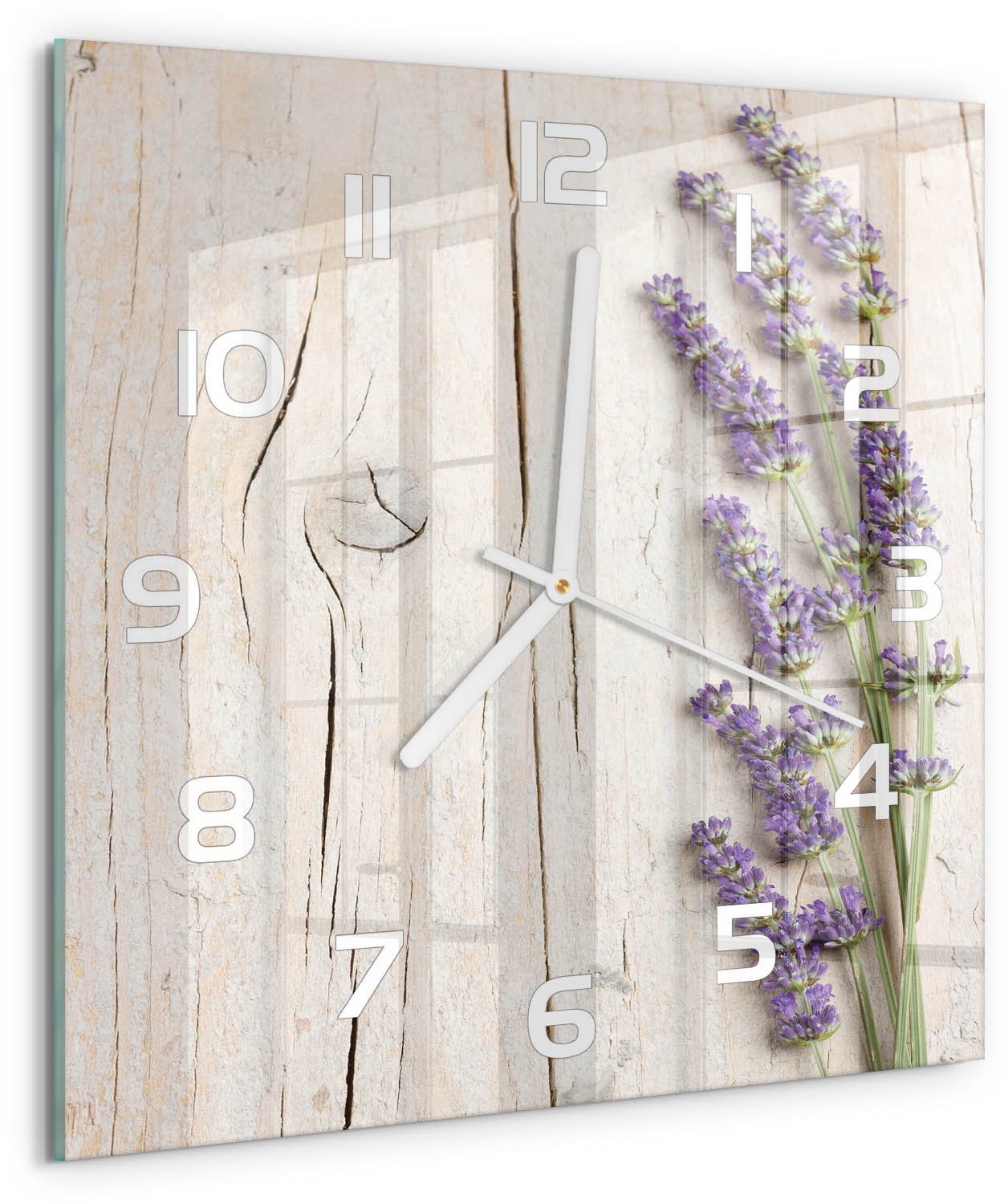 Tulup Wandklok - Lavendel op hout Klok Glas Met Opdruk - 30x30 cm - Paars Moderne Wandklok Glas - Witte handen - Vierkante Klok - Decoratieve Glazen Klok - Glazen Wandklok Design