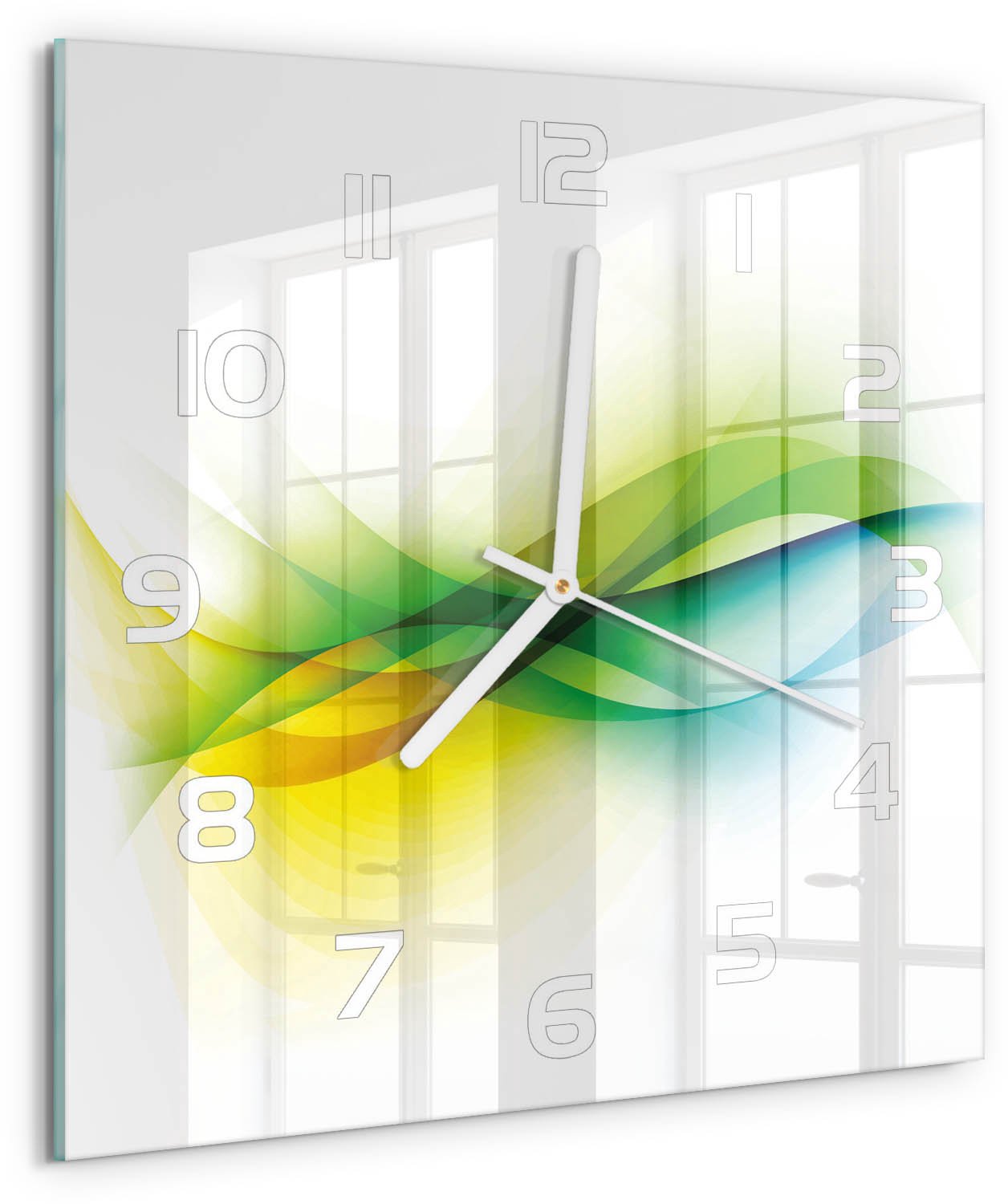 Tulup Wandklok - Golfabstractie Decoratieve Glazen Klok - 30x30 cm - Veelkleurig Glazen Wandklok Design - Witte handen - Vierkante Klok - Glazen Klok Met Print - Wandklok Glas Met Motief