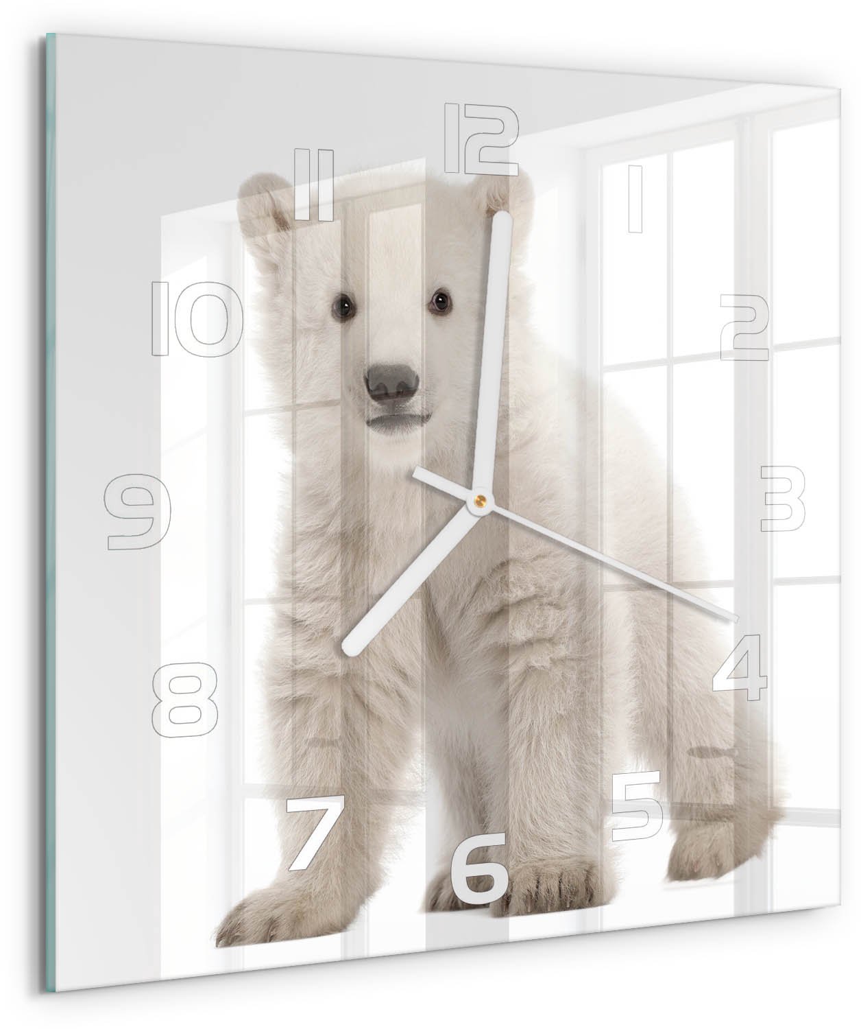 Tulup Wandklok - Ijsbeer Glazen Wandklok Design - 30x30 cm - Wit Klok Glas Met Opdruk - Witte handen - Vierkante Klok - Wandklok Glas Met Motief - Decoratieve Glazen Klok