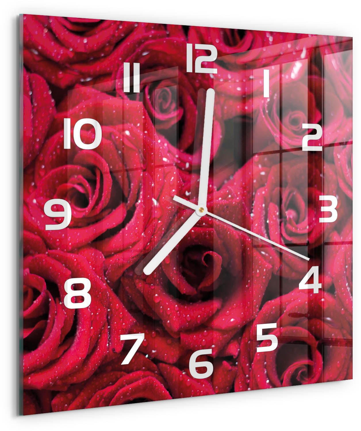 Tulup Wandklok - Druppels op rozen Wandklok Glas Met Motief - 30x30 cm - Rood Decoratieve Glazen Klok - Witte handen - Vierkante Klok - Gekleurde Glazen Klok - Glazen Klok Met Print